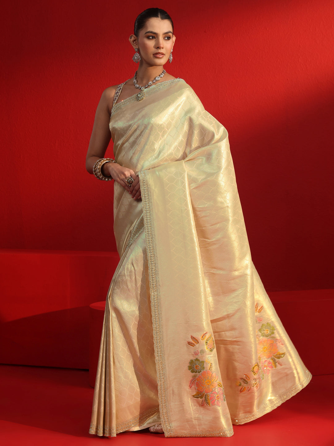  Libas Golden Woven Design Silk Blend Saree with Embellished Border 