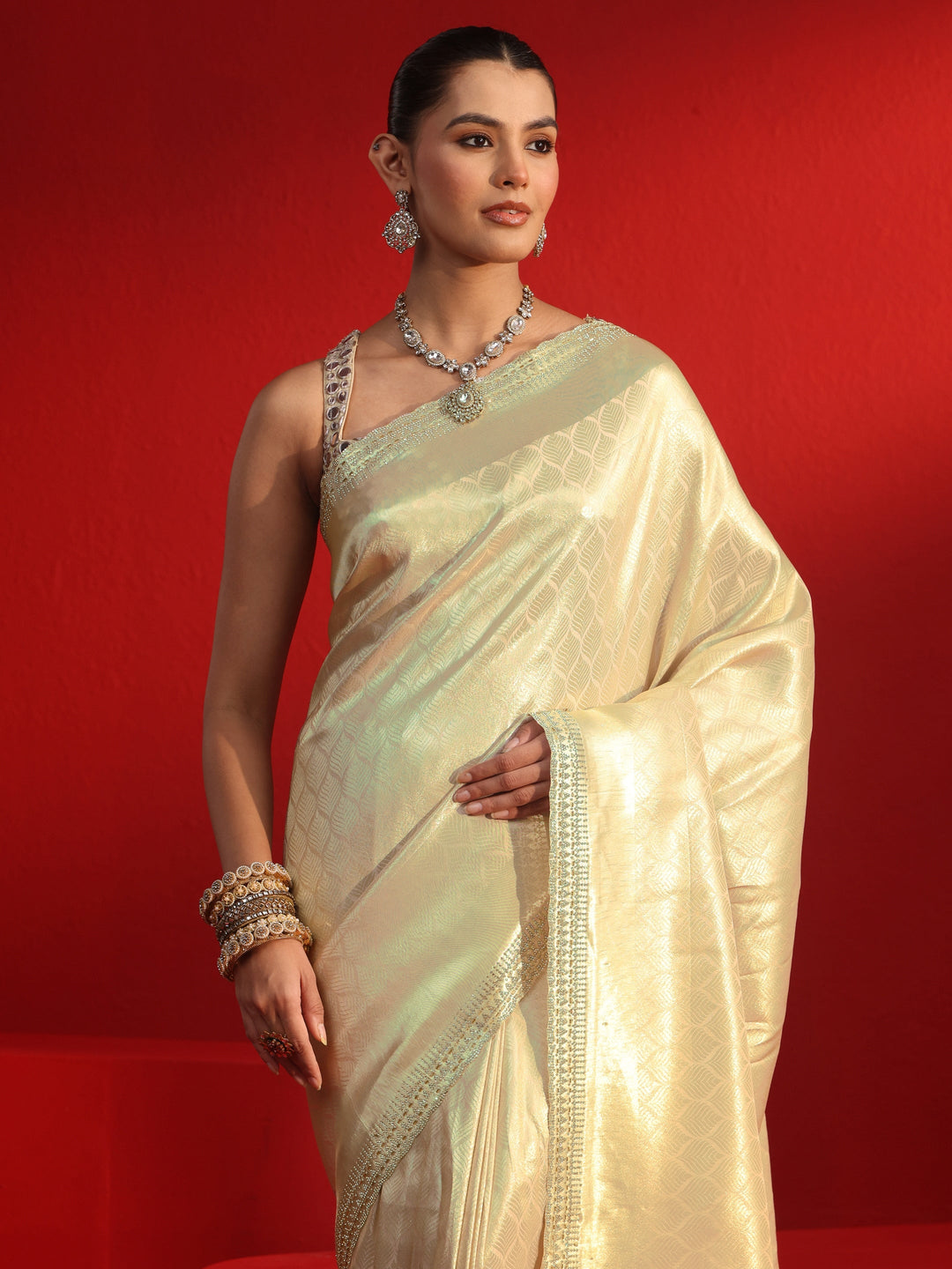  Libas Golden Woven Design Silk Blend Saree with Embellished Border 