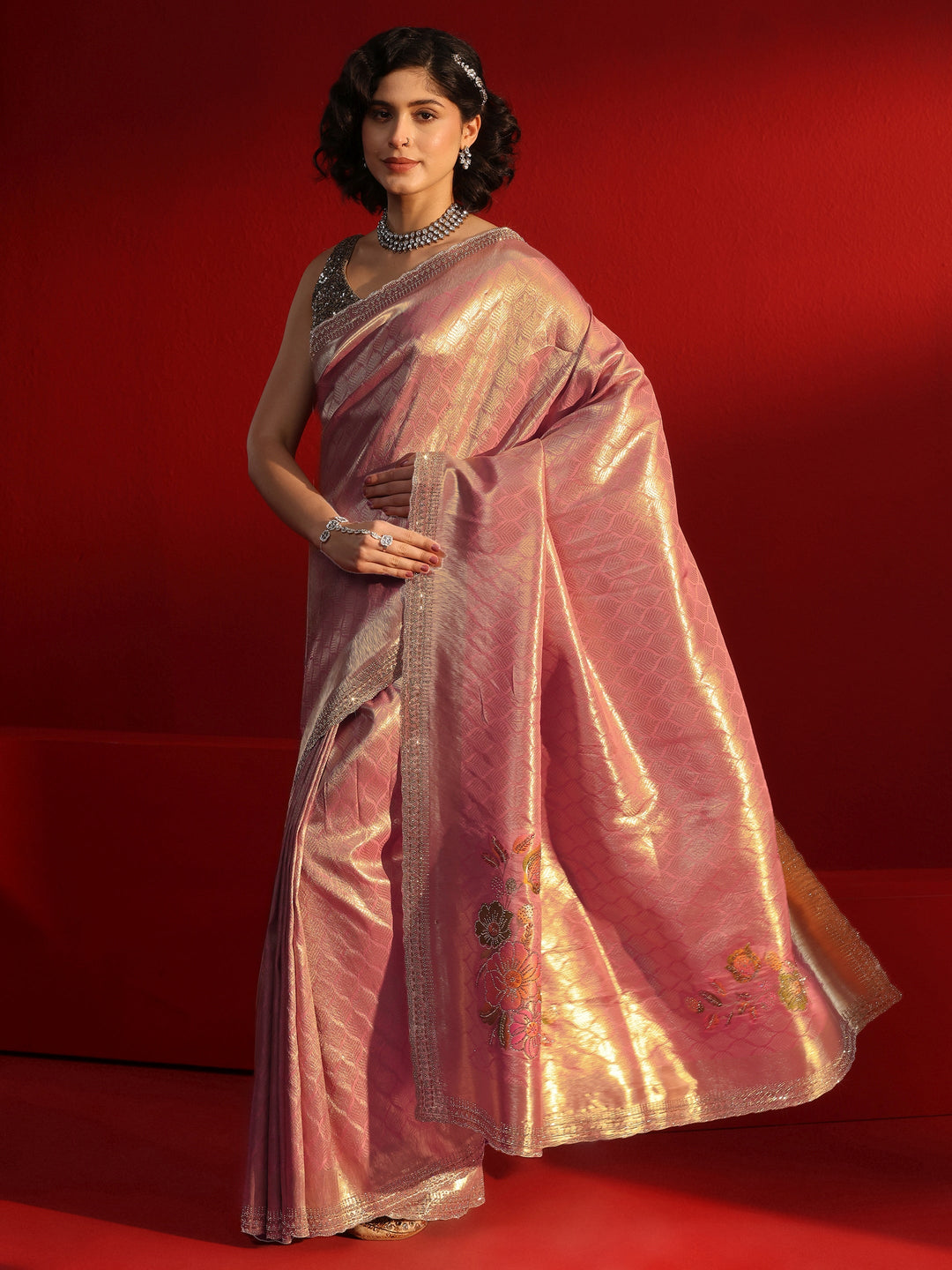  Libas Peach Woven Design Silk Blend Saree with Embellished Border 