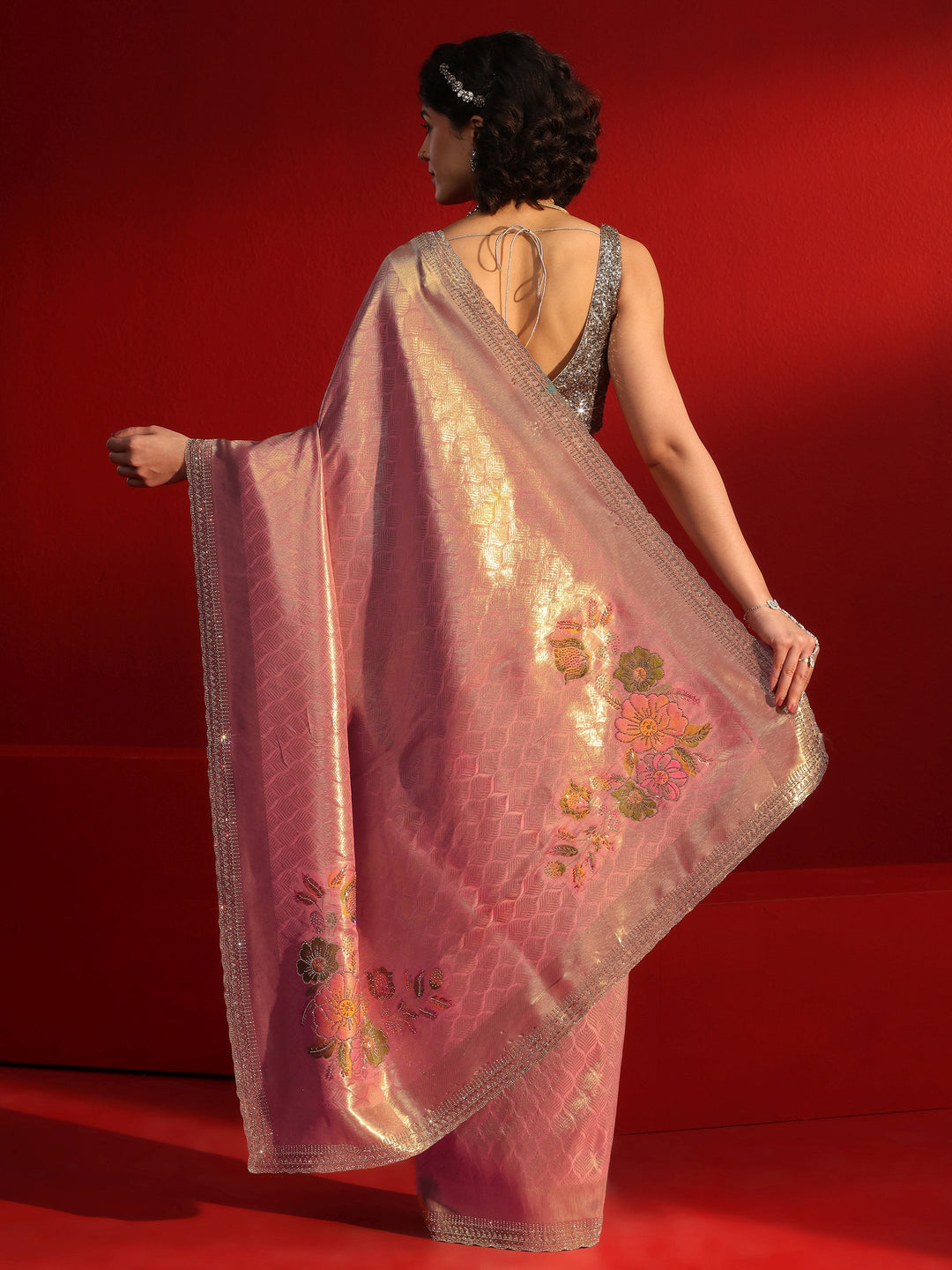  Libas Peach Woven Design Silk Blend Saree with Embellished Border 
