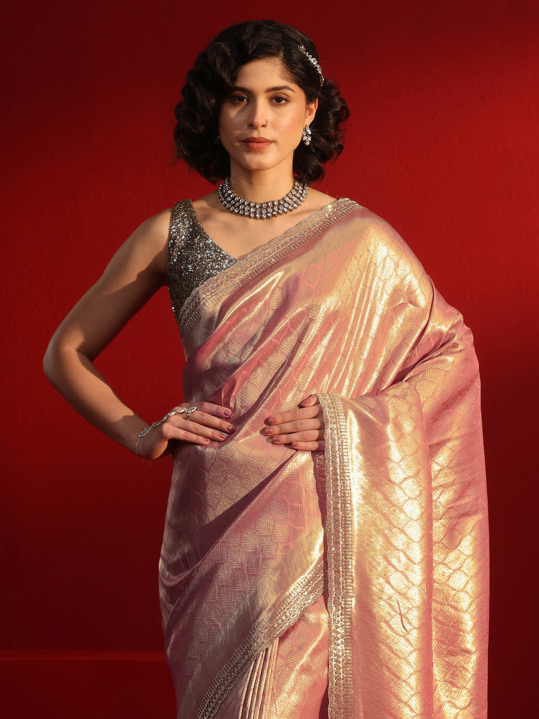  Libas Peach Woven Design Silk Blend Saree with Embellished Border 