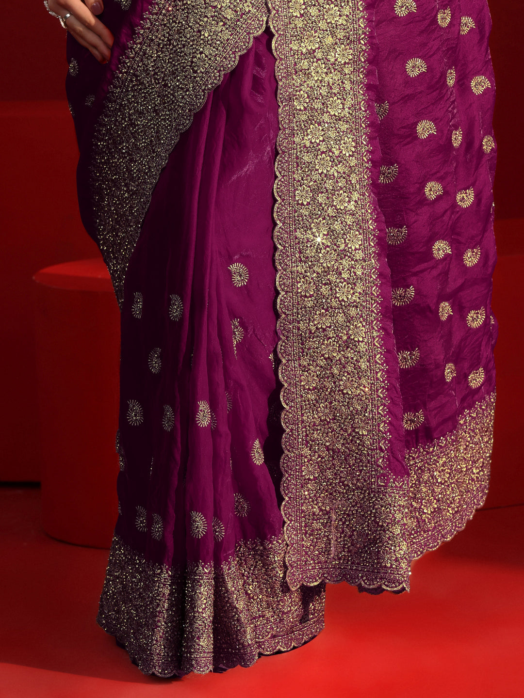  Libas Art Wine Stone Work Embellished Tissue Saree 