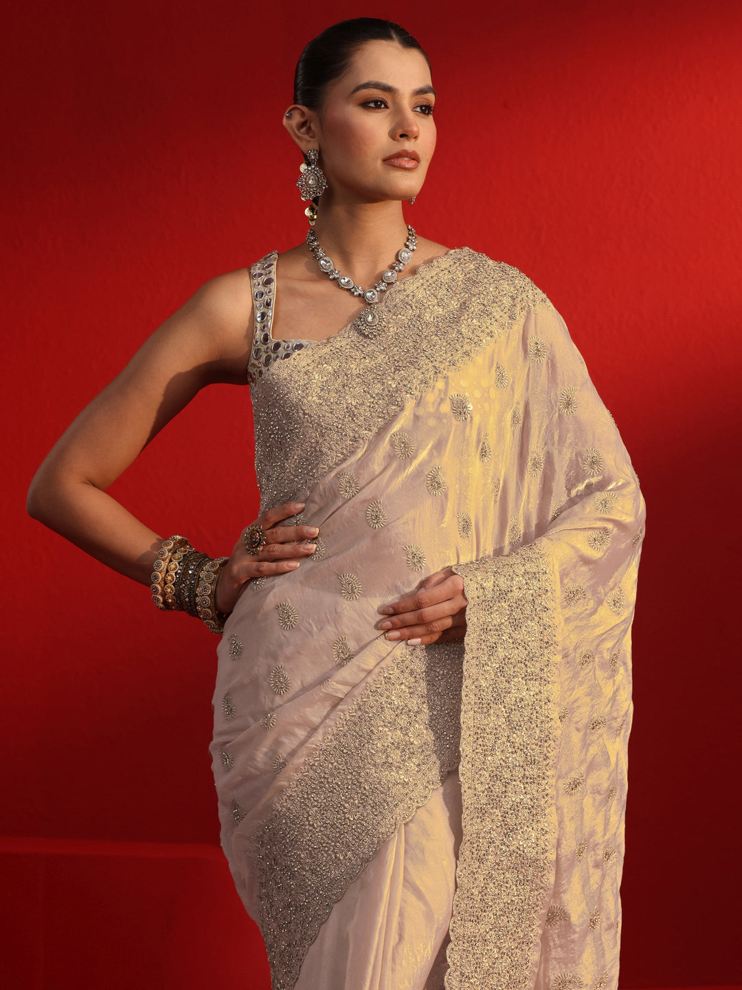  Libas Art Taupe Stone Work Embellished Tissue Saree 