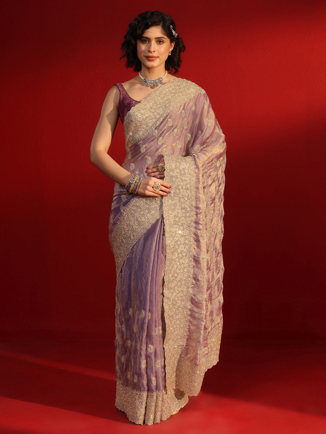  Libas Art Lavender Stone Work Embellished Tissue Saree 
