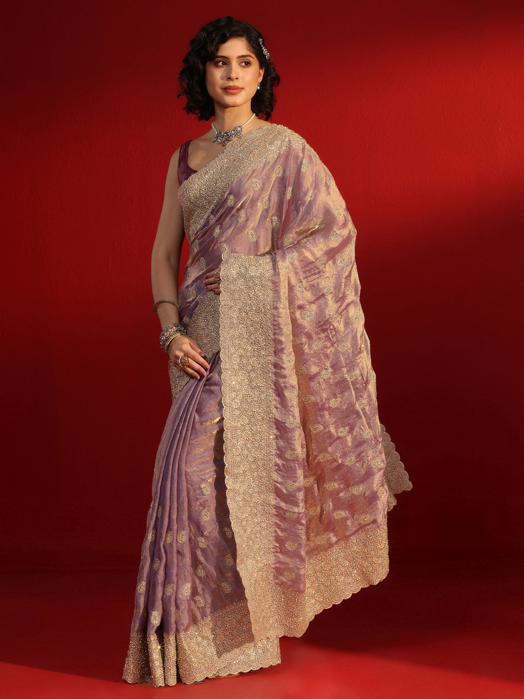  Libas Art Lavender Stone Work Embellished Tissue Saree 