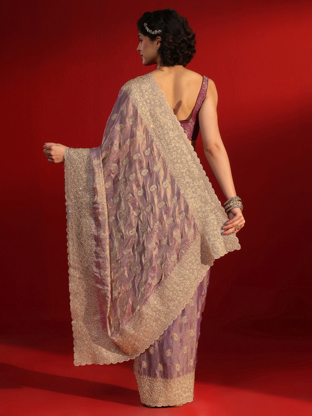  Libas Art Lavender Stone Work Embellished Tissue Saree 