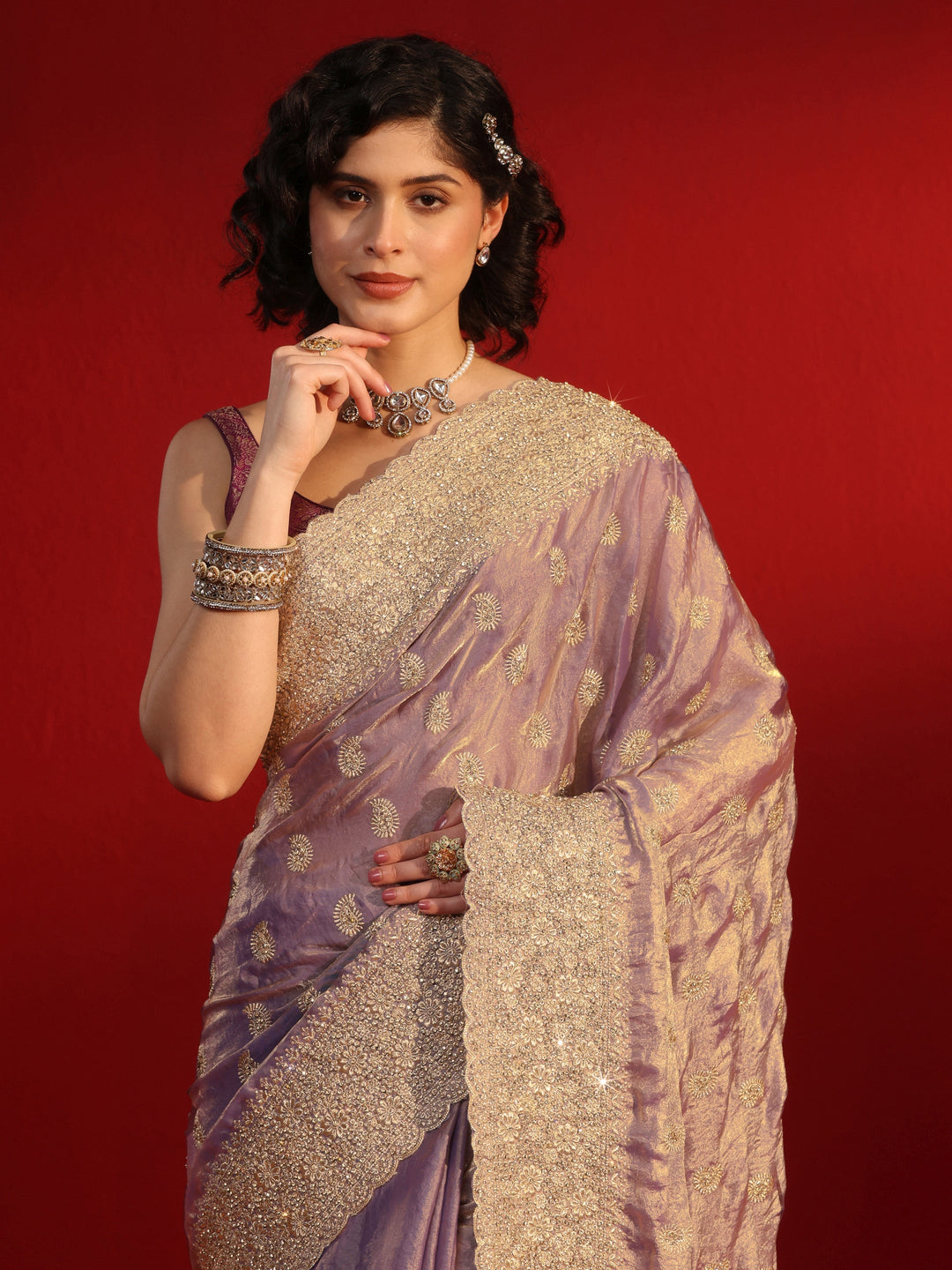  Libas Art Lavender Stone Work Embellished Tissue Saree 