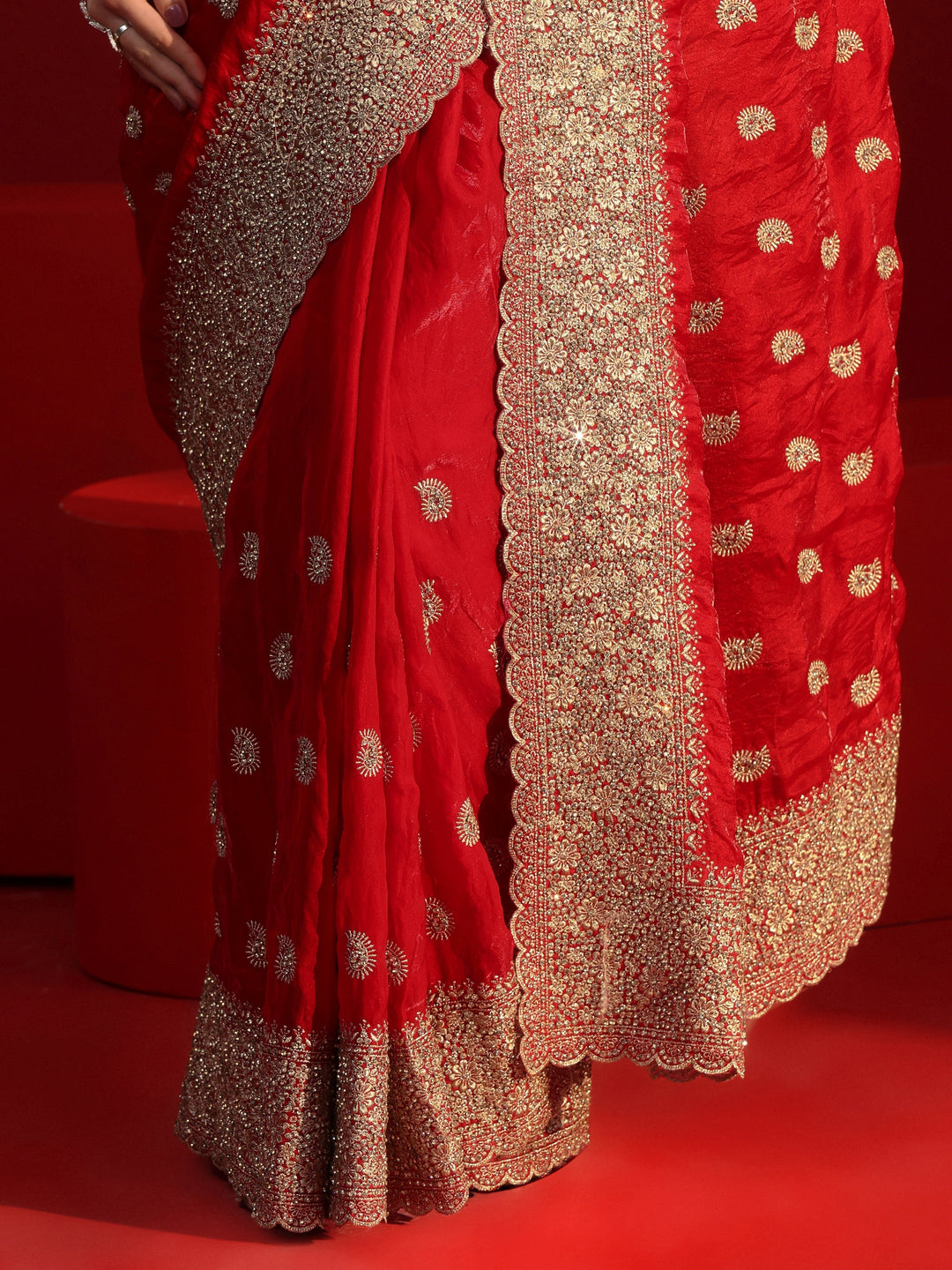  Libas Art Red Stone Work Embellished Tissue Saree 