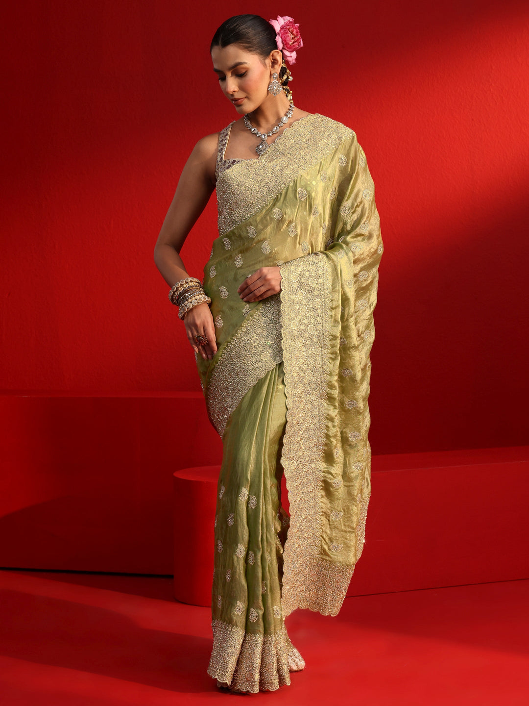  Libas Art Green Stone Work Embellished Tissue Saree 