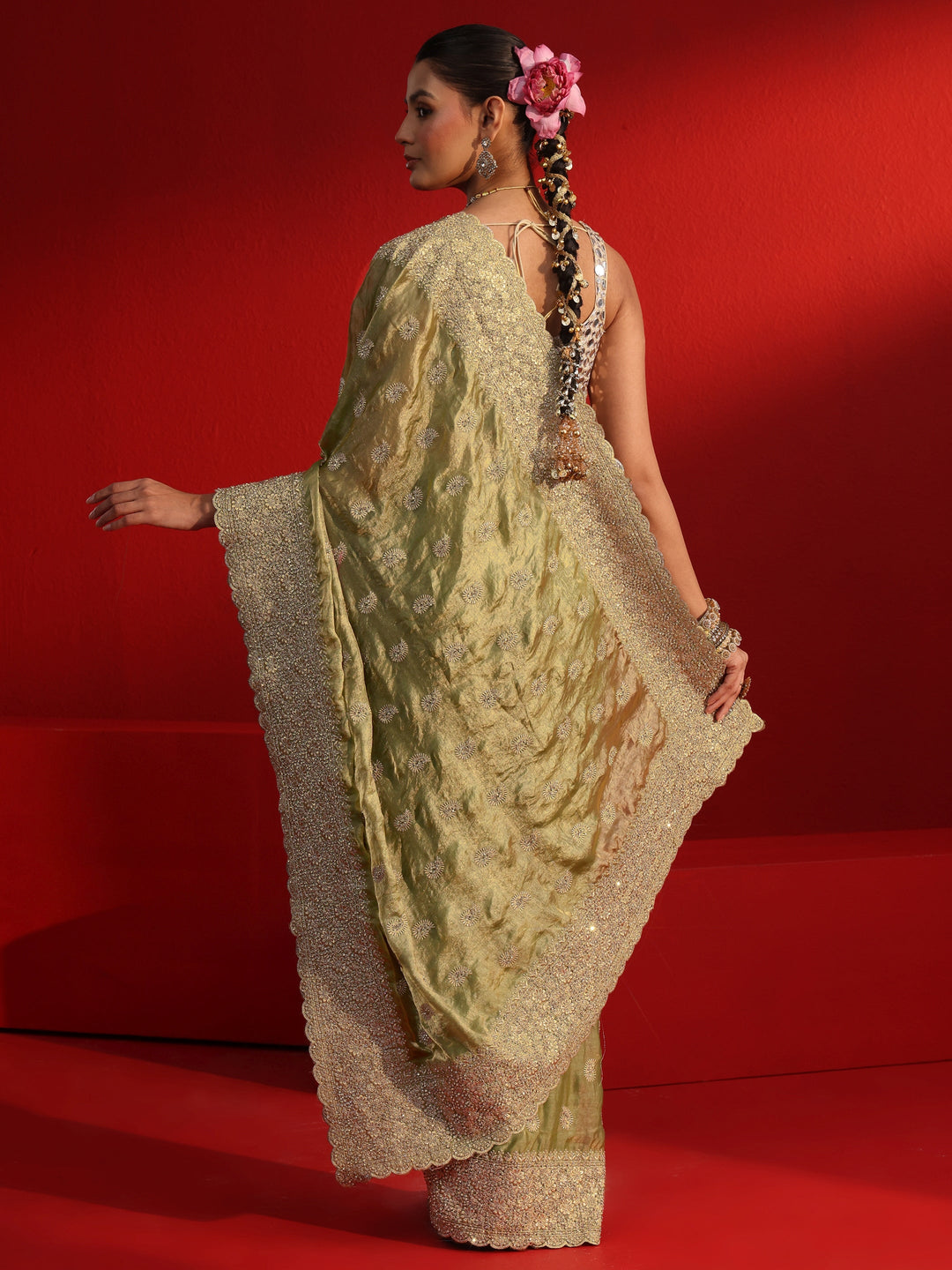  Libas Art Green Stone Work Embellished Tissue Saree 