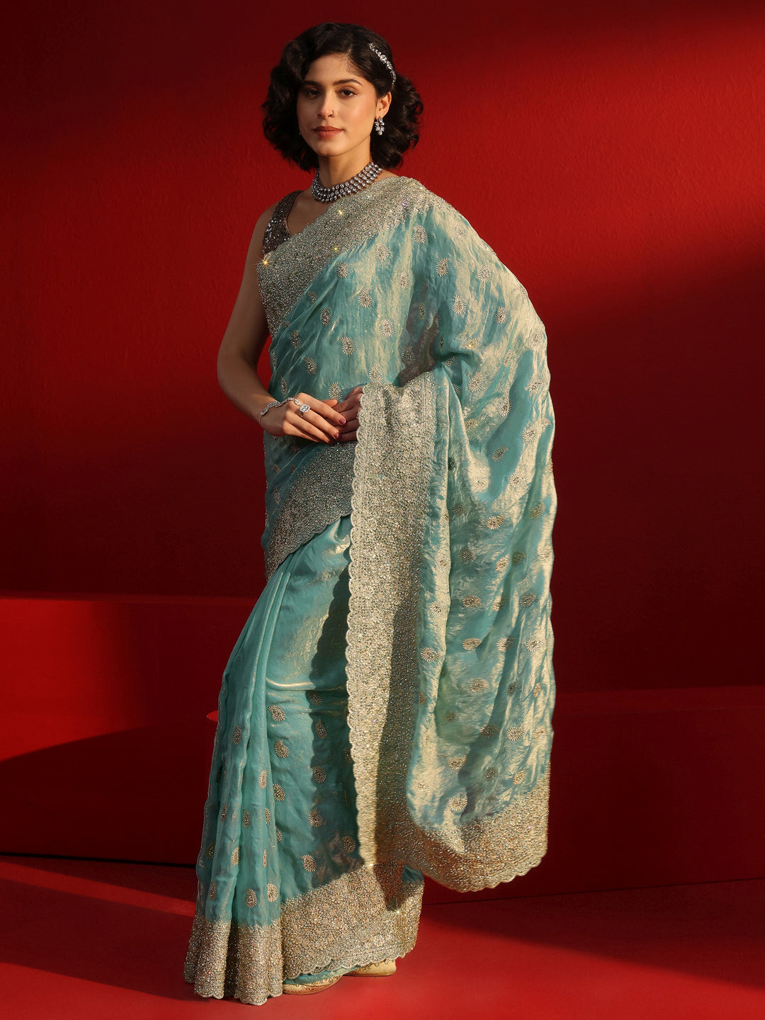  Libas Art Blue Stone Work Embellished Tissue Saree 