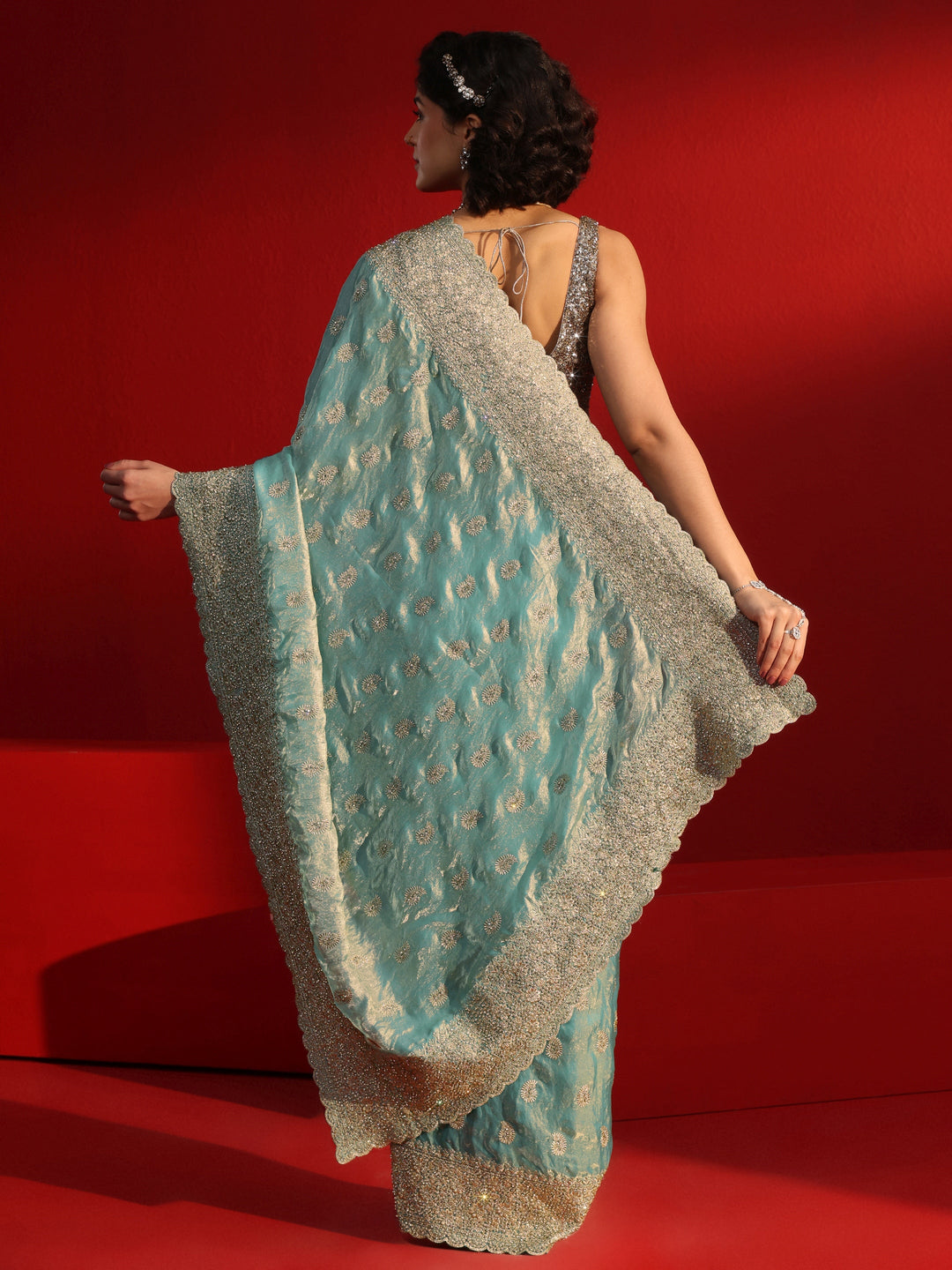  Libas Art Blue Stone Work Embellished Tissue Saree 