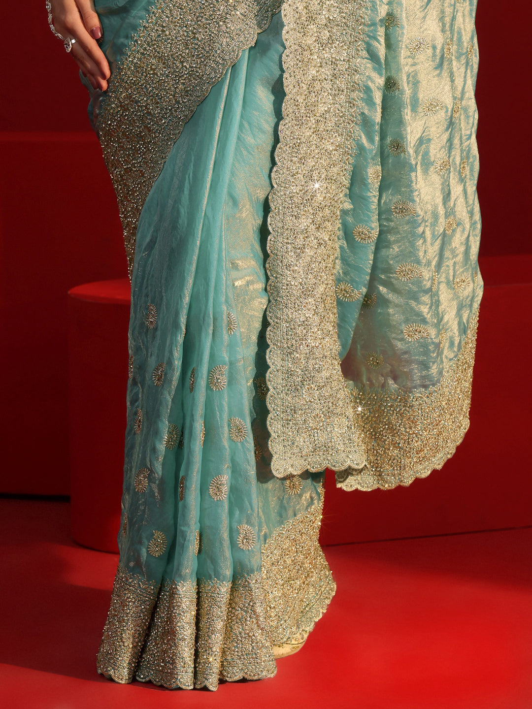 Libas Art Blue Stone Work Embellished Tissue Saree 