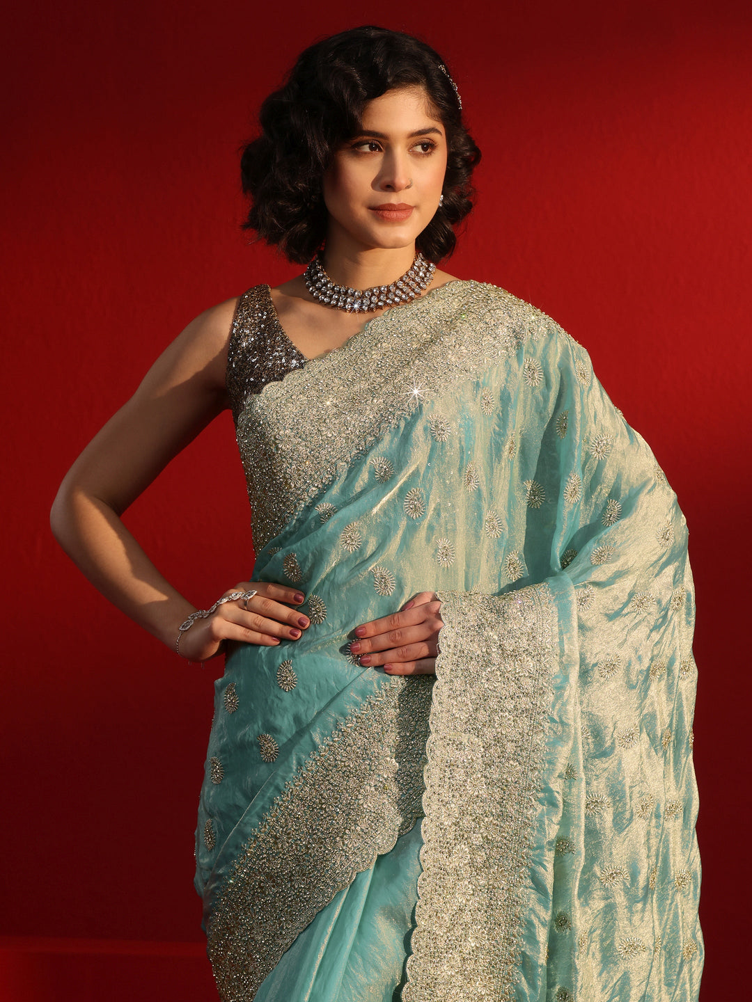 Libas Art Blue Stone Work Embellished Tissue Saree 