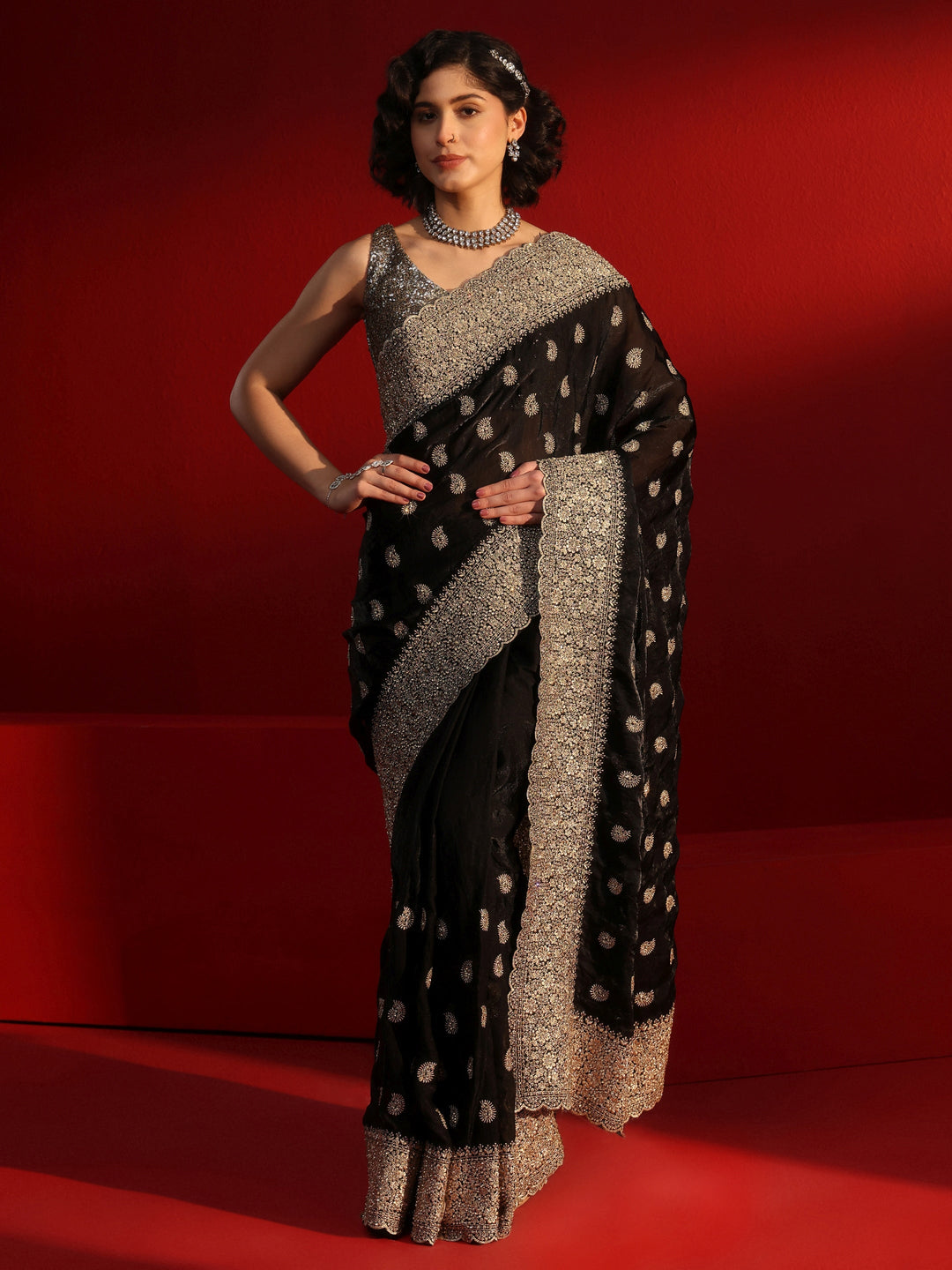  Libas Art Black Stone Work Embellished Tissue Saree 