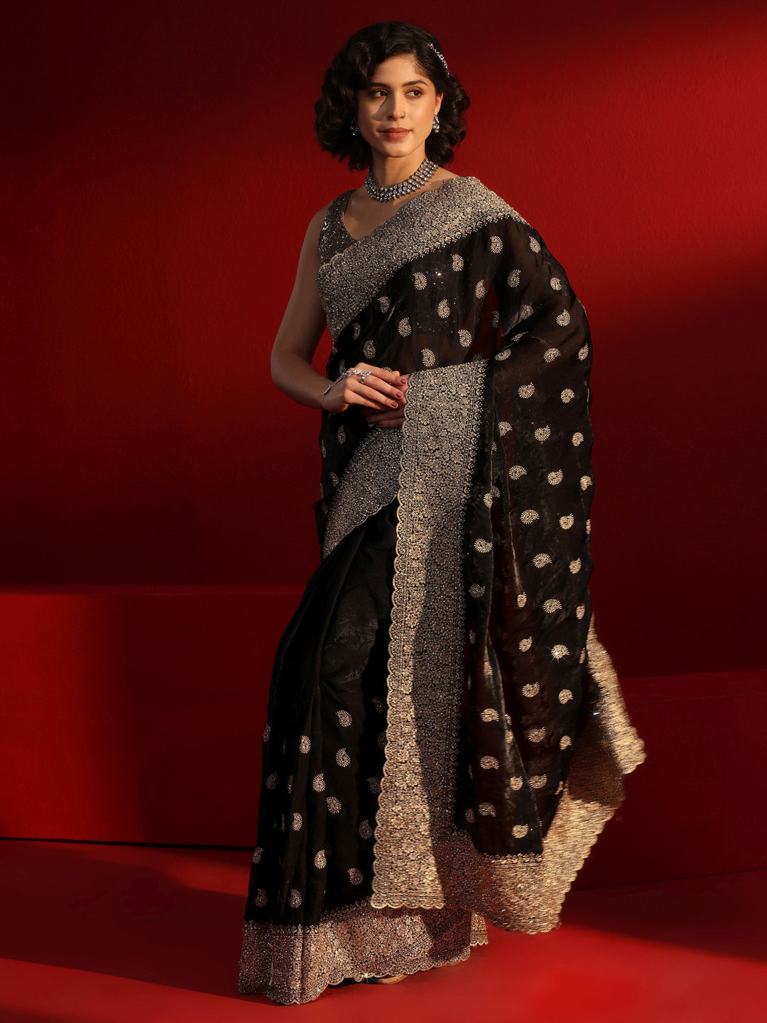  Libas Art Black Stone Work Embellished Tissue Saree 