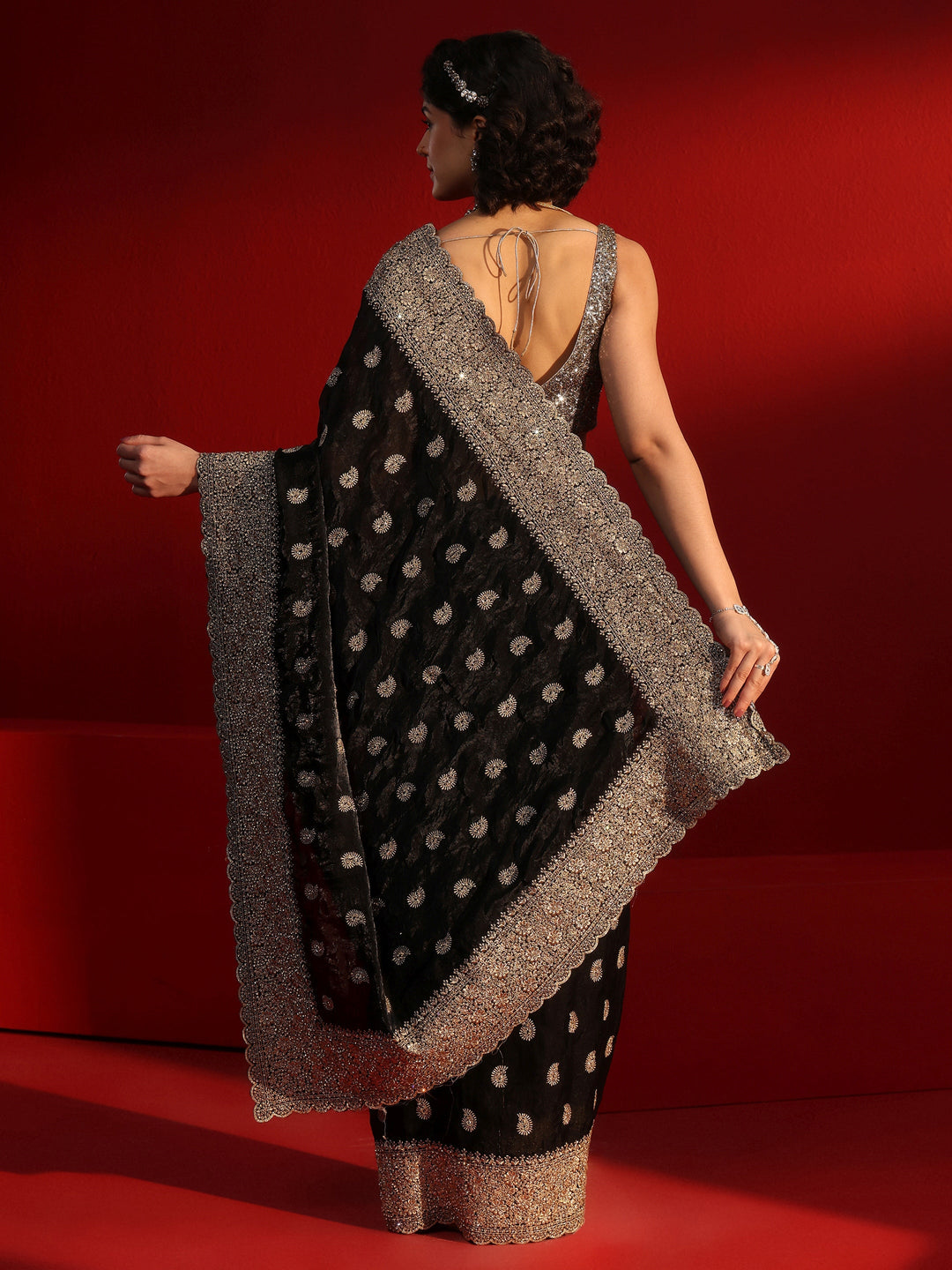  Libas Art Black Stone Work Embellished Tissue Saree 