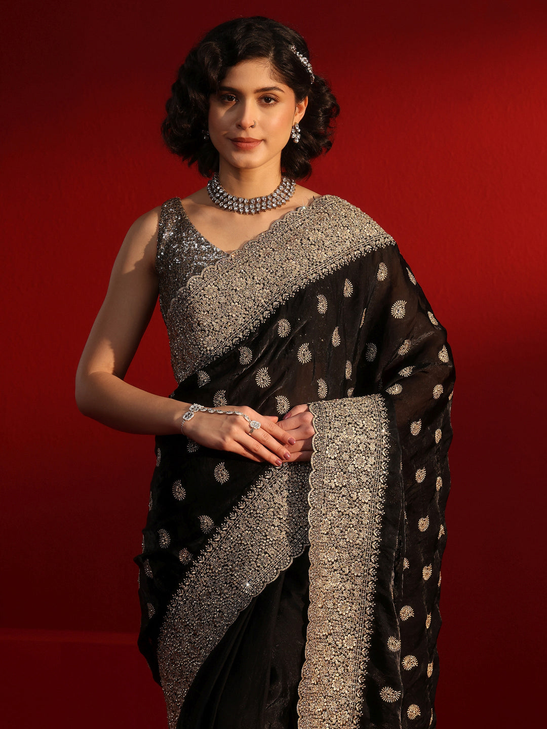  Libas Art Black Stone Work Embellished Tissue Saree 