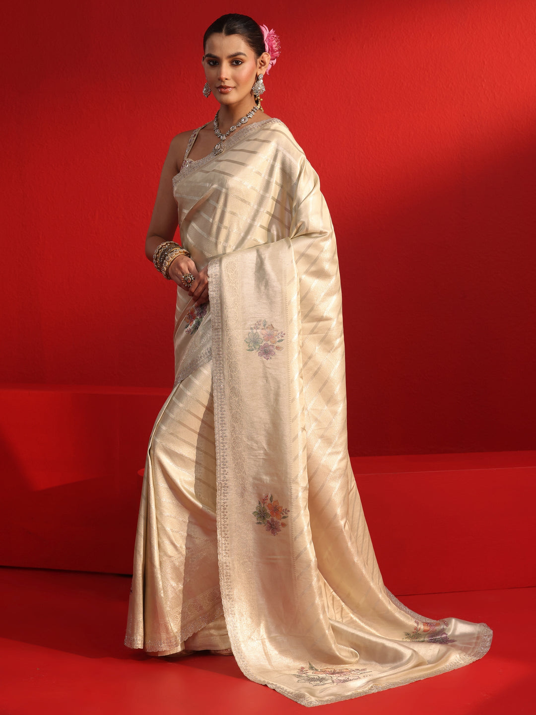  Libas Taupe Striped Woven Design Silk Blend Saree with Stone Work 