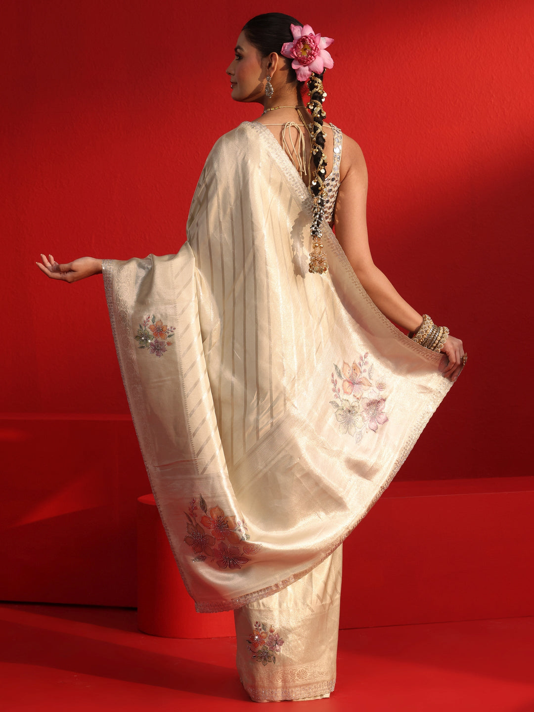  Libas Taupe Striped Woven Design Silk Blend Saree with Stone Work 