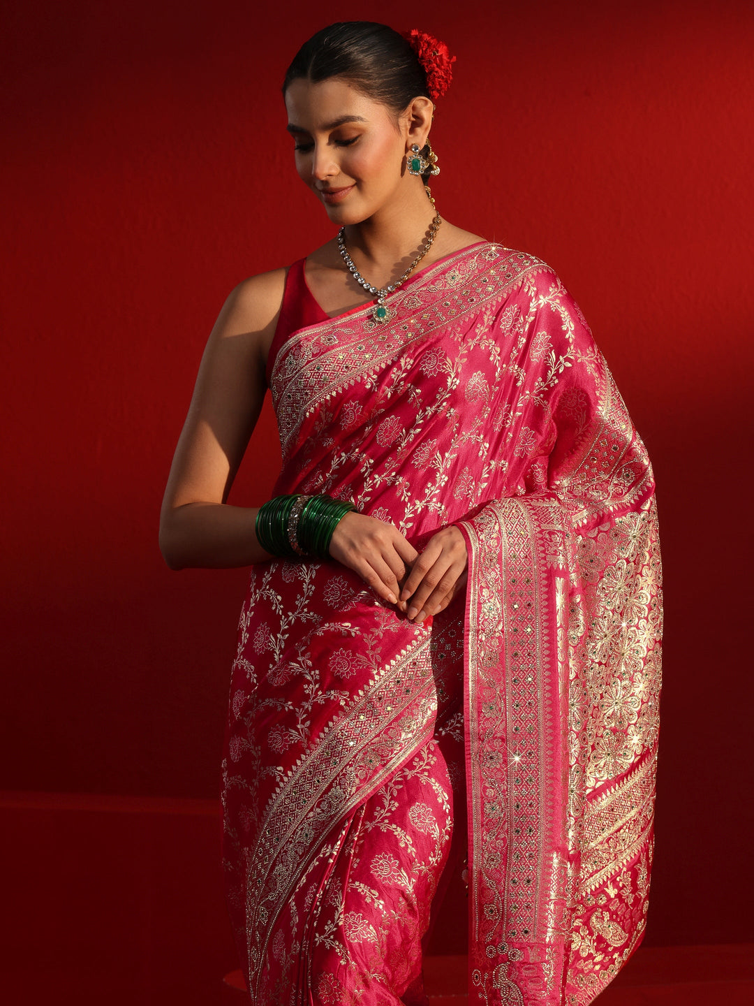  Libas Art Pink Woven Design Silk Blend Saree with Embellished Border 