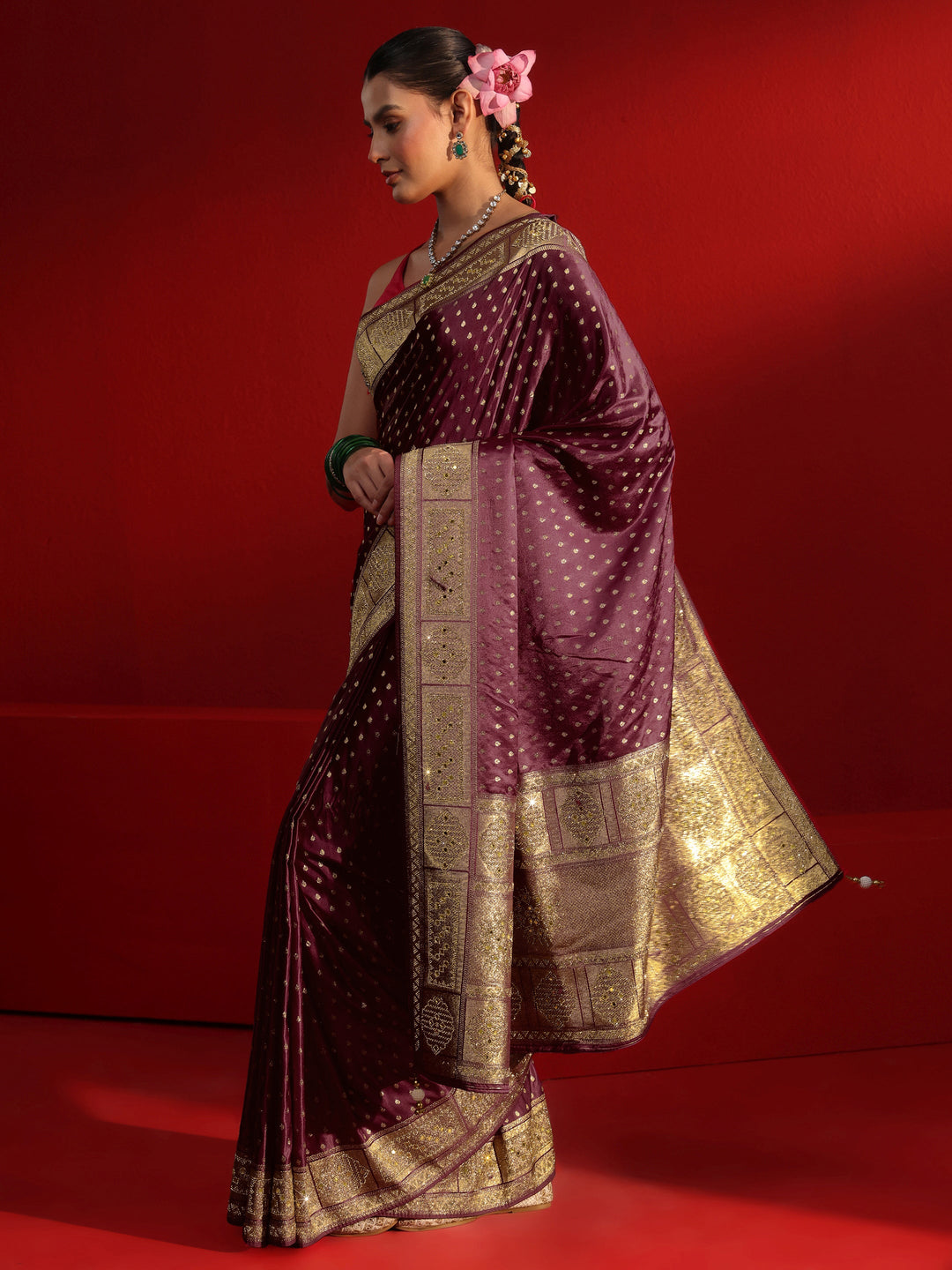 Libas Art Maroon Woven Design Satin Saree with Embellished Border 