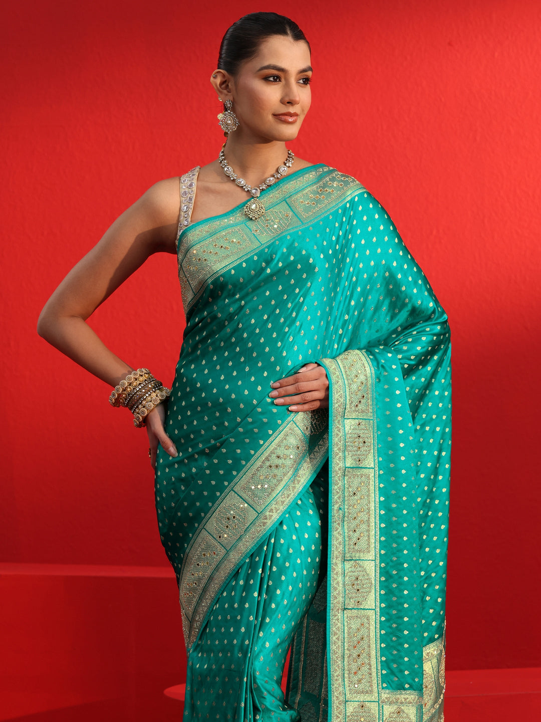  Libas Art Blue Woven Design Satin Saree with Embellished Border 