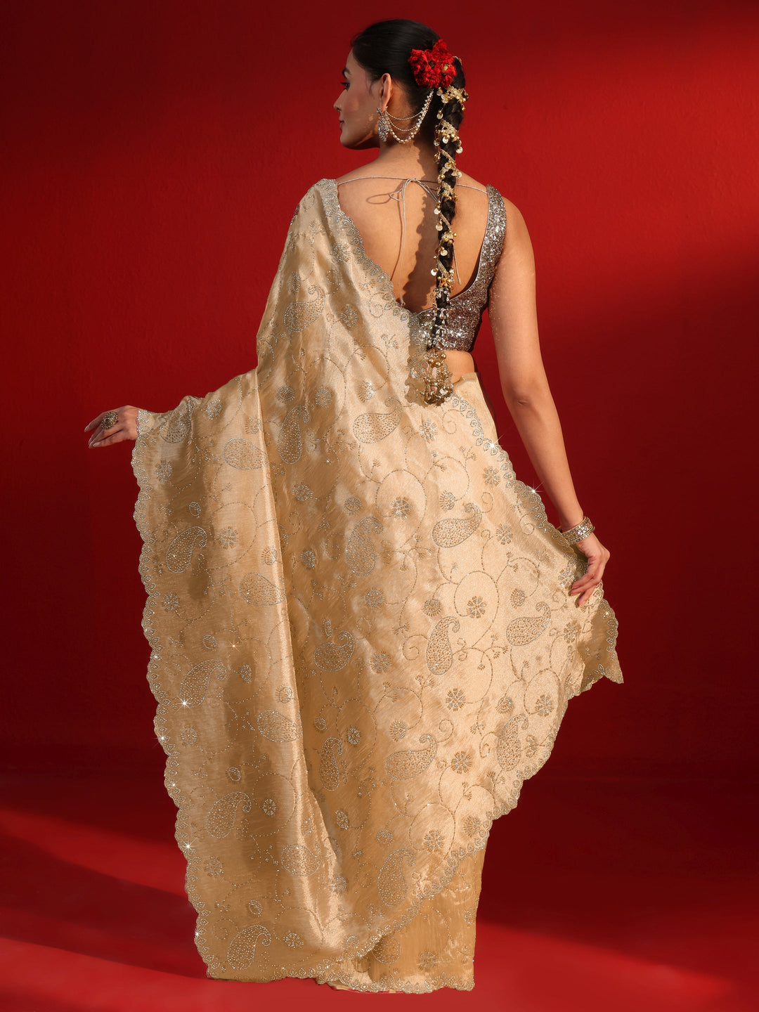  Libas Art Beige Stone Work Embellished Tissue Saree 