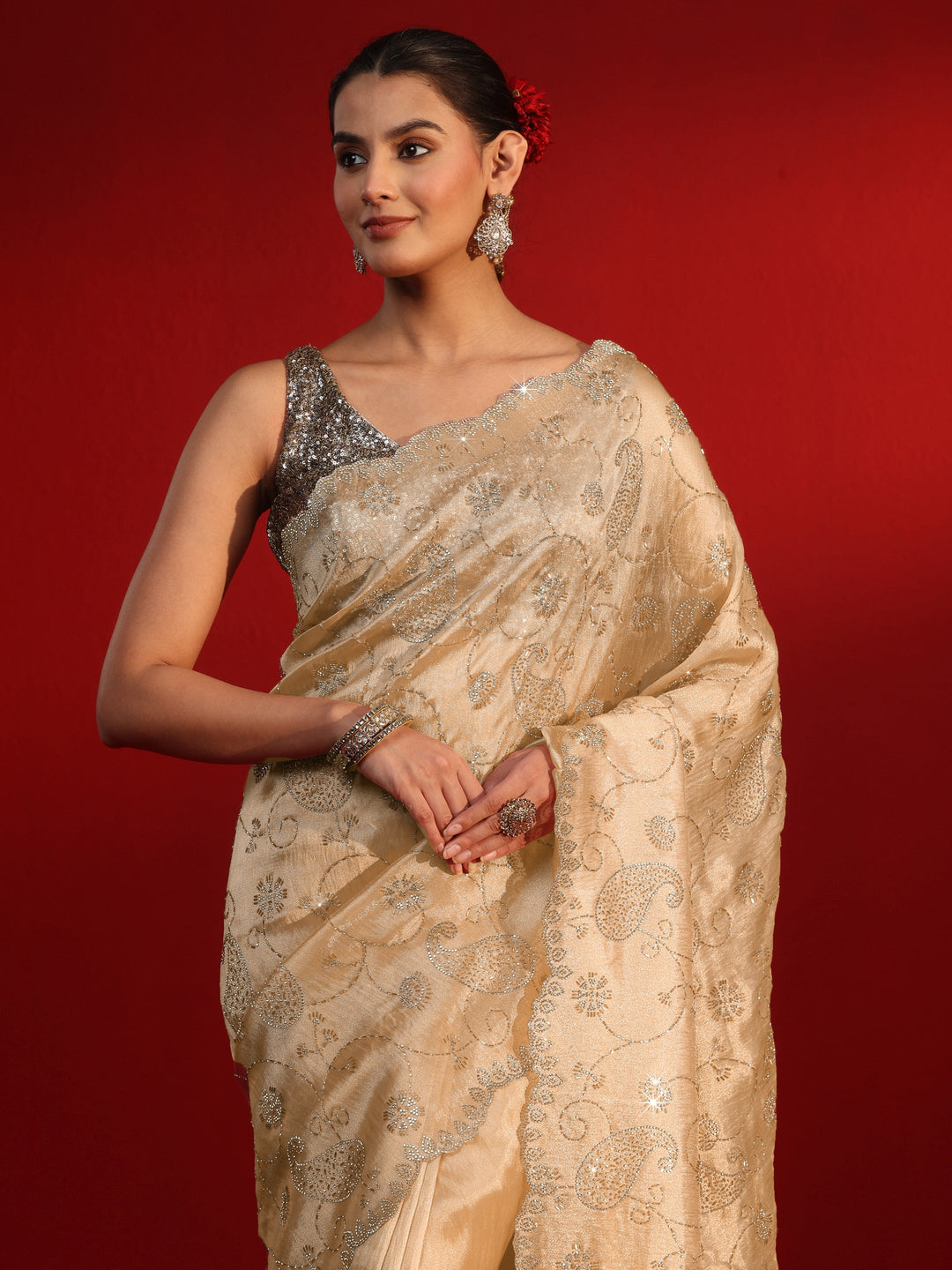  Libas Art Beige Stone Work Embellished Tissue Saree 