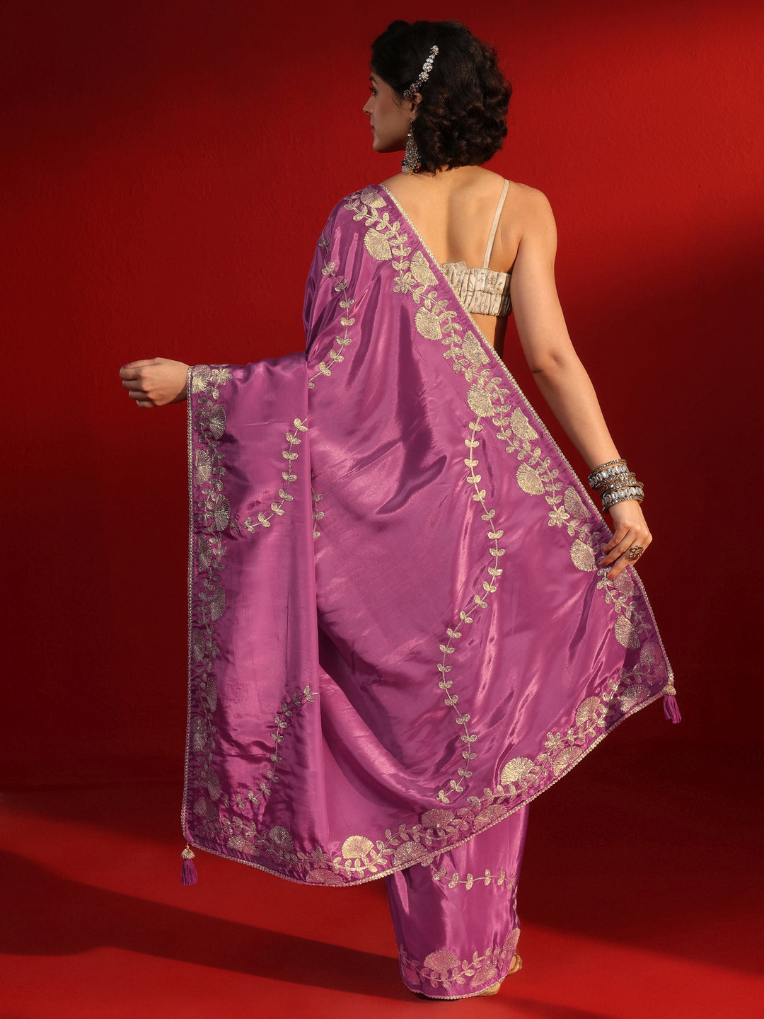  Libas Lavender Embroidered Sequinned Satin Saree 