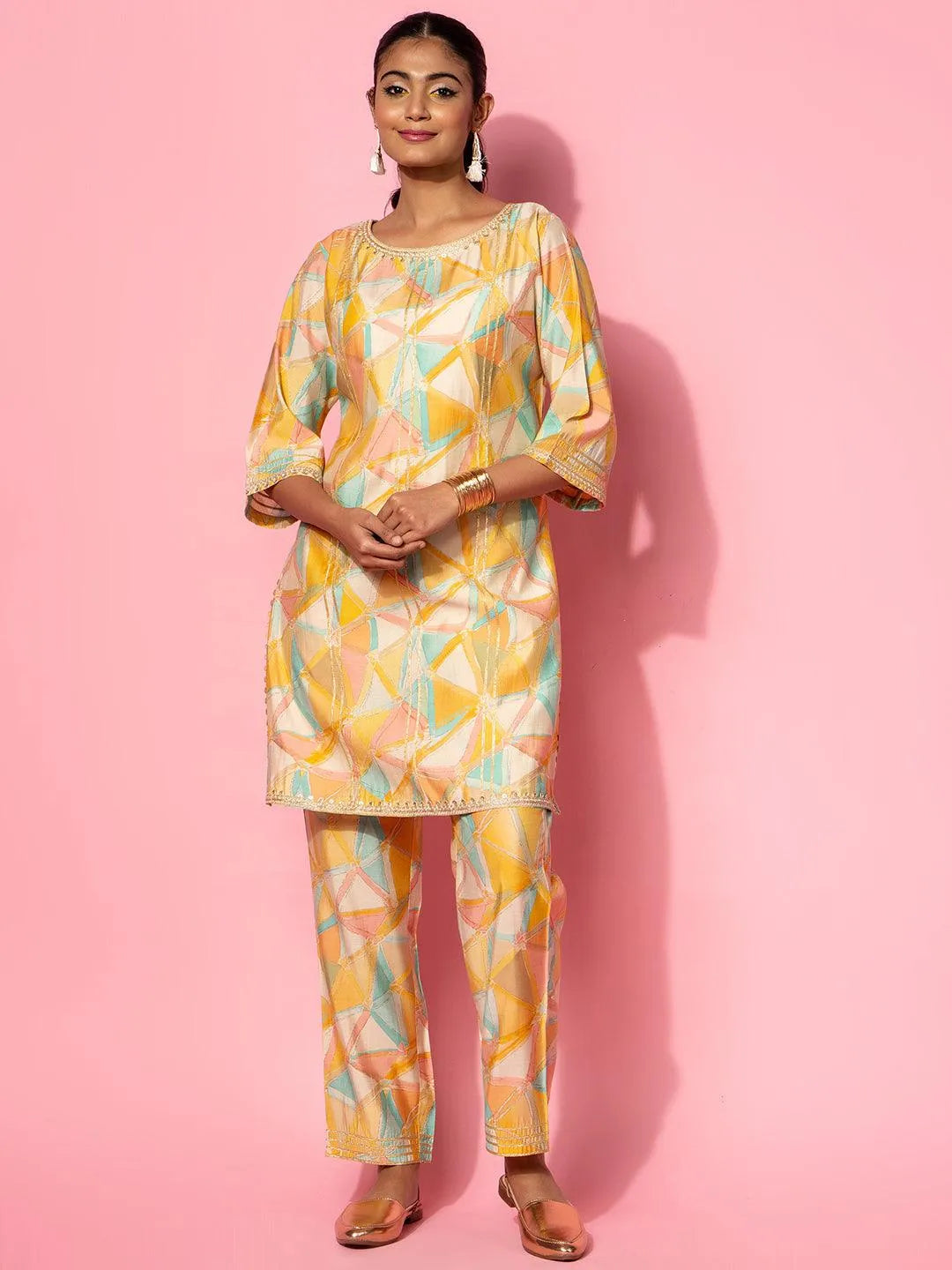 Yellow Printed Silk Blend Co-Ords - Libas 