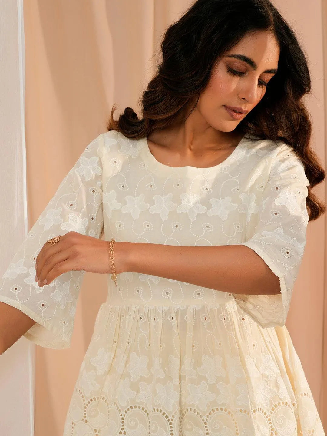 Zoya Off White Embroidered Cotton A-Line Kurti - Libas 