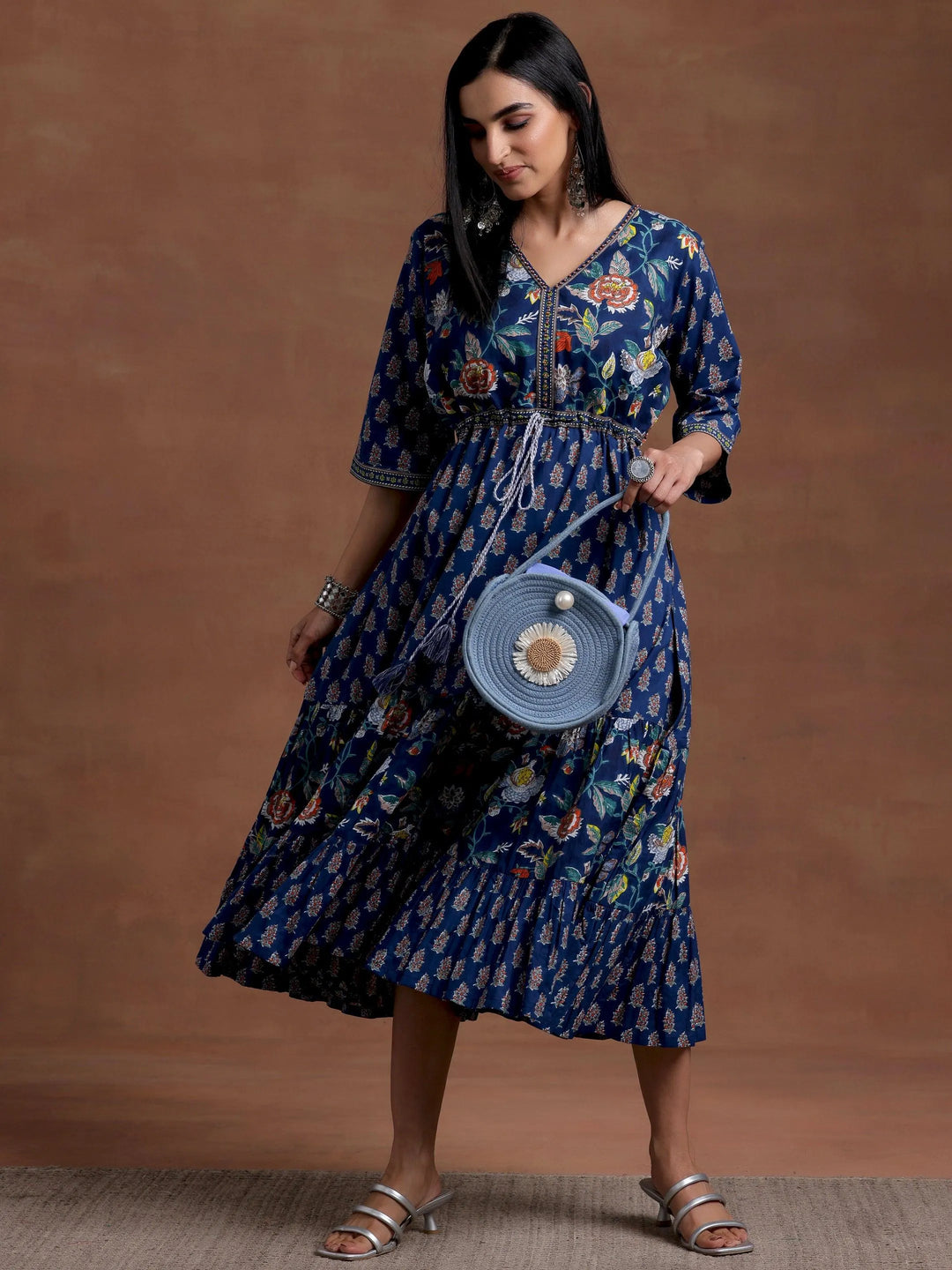 Blue Printed Cotton Fit and Flare Dress - Libas 