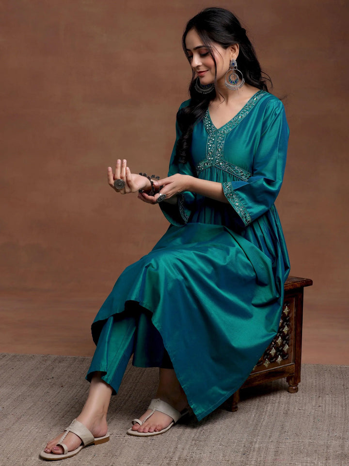 Teal Blue Solid Silk Blend A-Line Kurta With Trousers - Libas