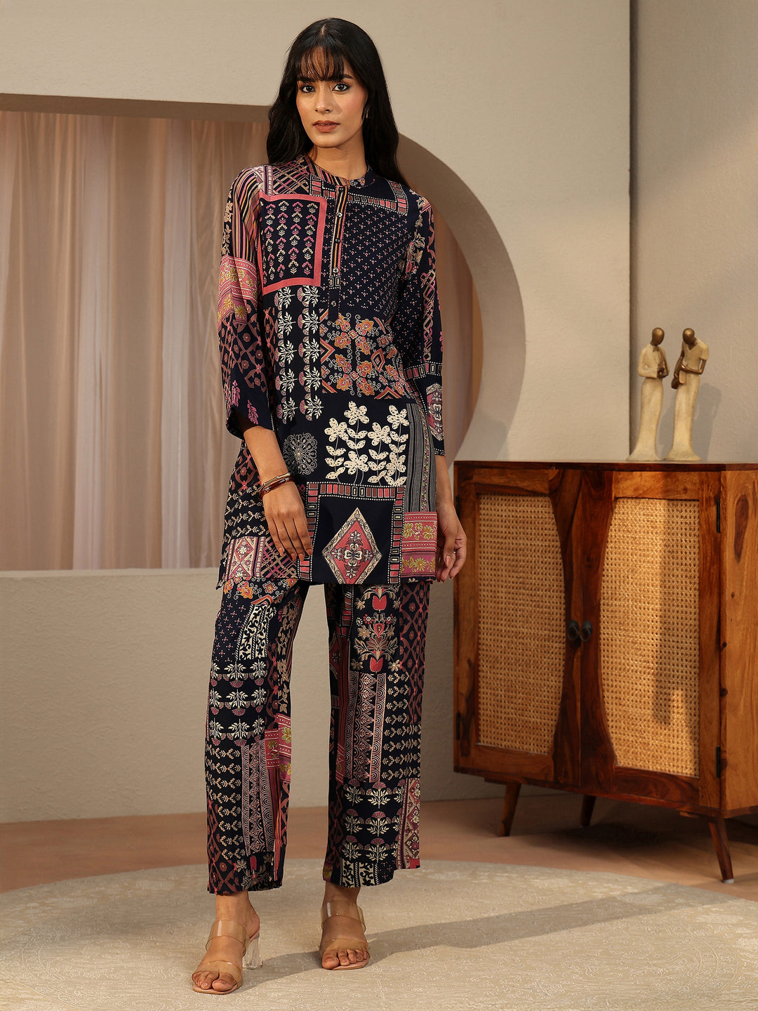  Navy Blue Multi Printed Rayon Co-Ord Set 