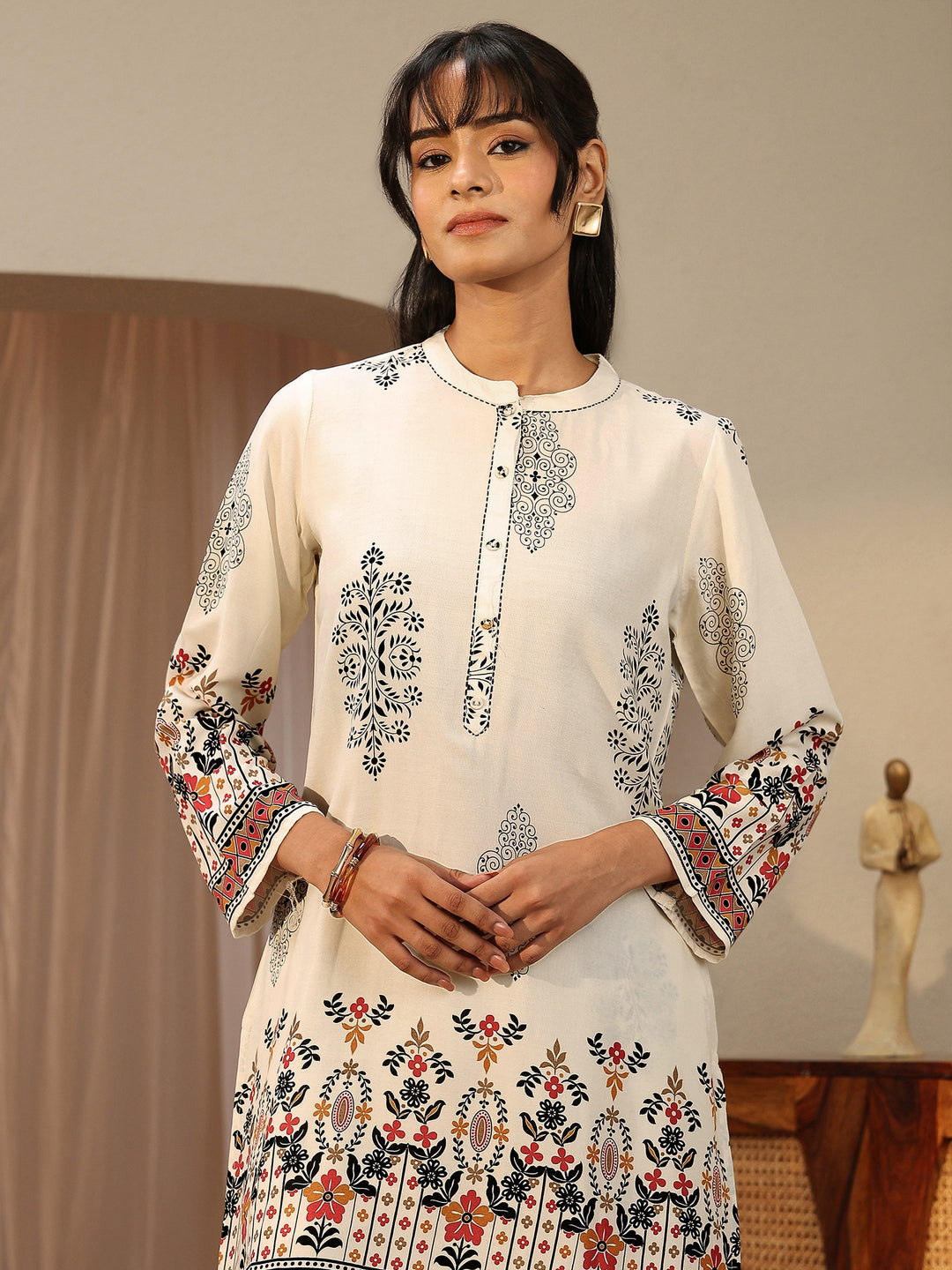  Off White Floral Printed Rayon Co-Ord Set 