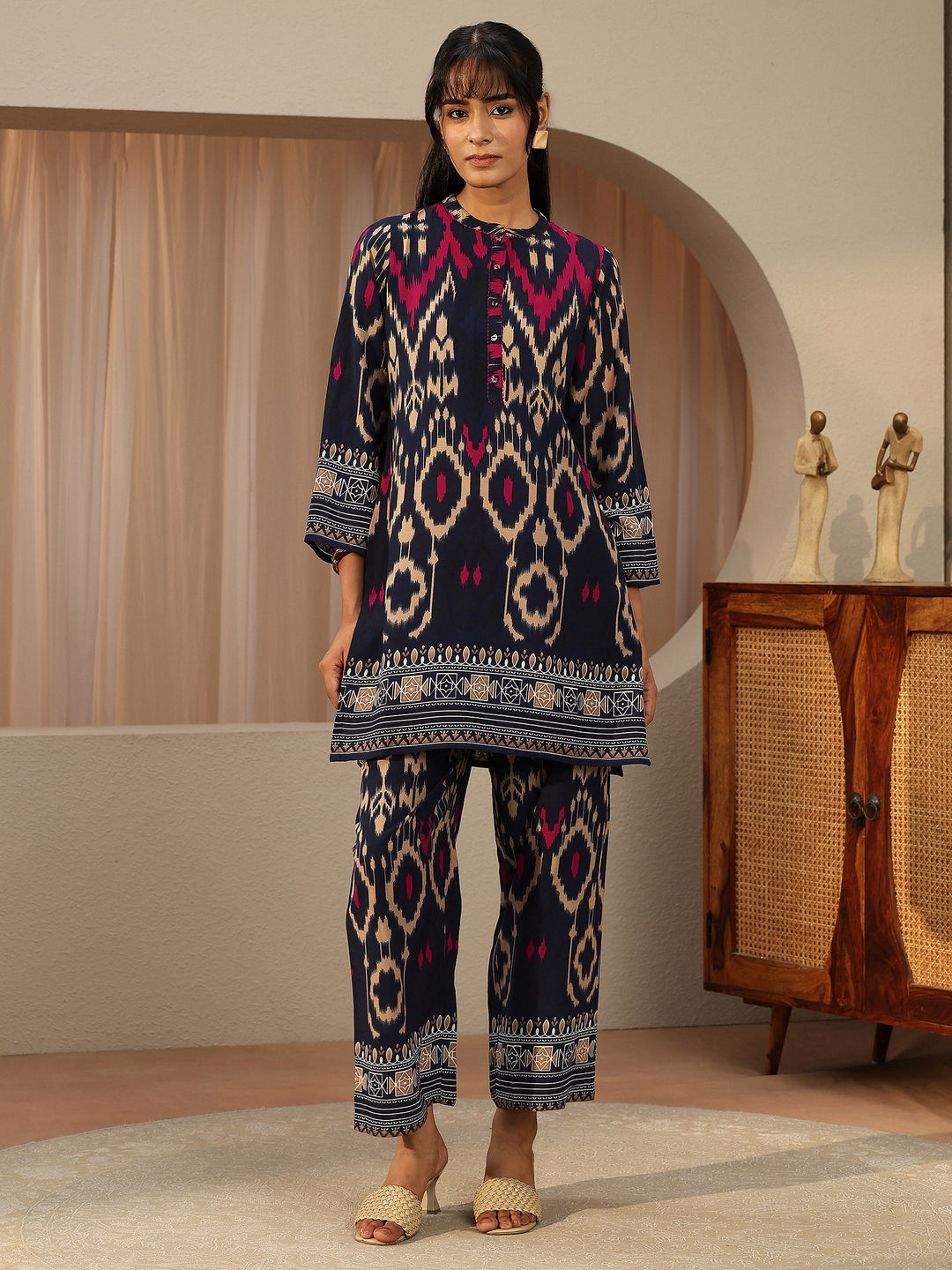  Navy Blue Ikat Printed Rayon Co-Ord Set 