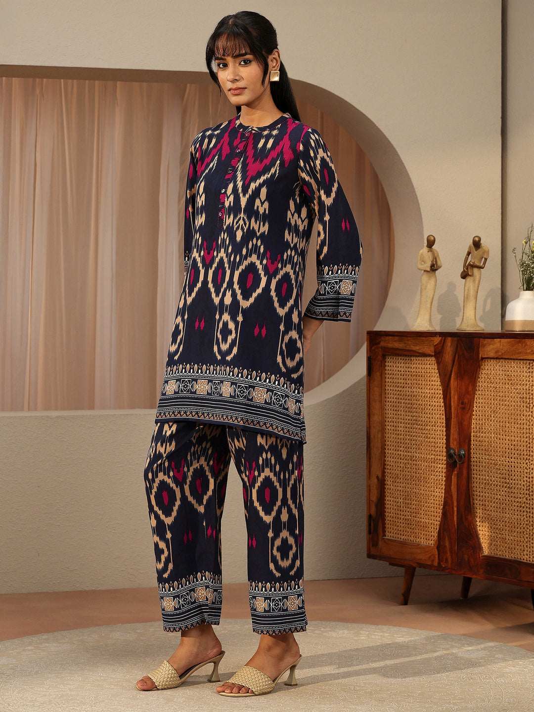  Navy Blue Ikat Printed Rayon Co-Ord Set 