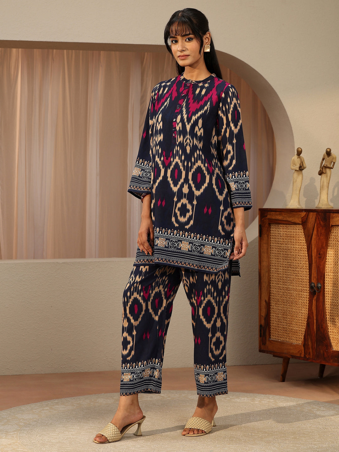  Navy Blue Ikat Printed Rayon Co-Ord Set 