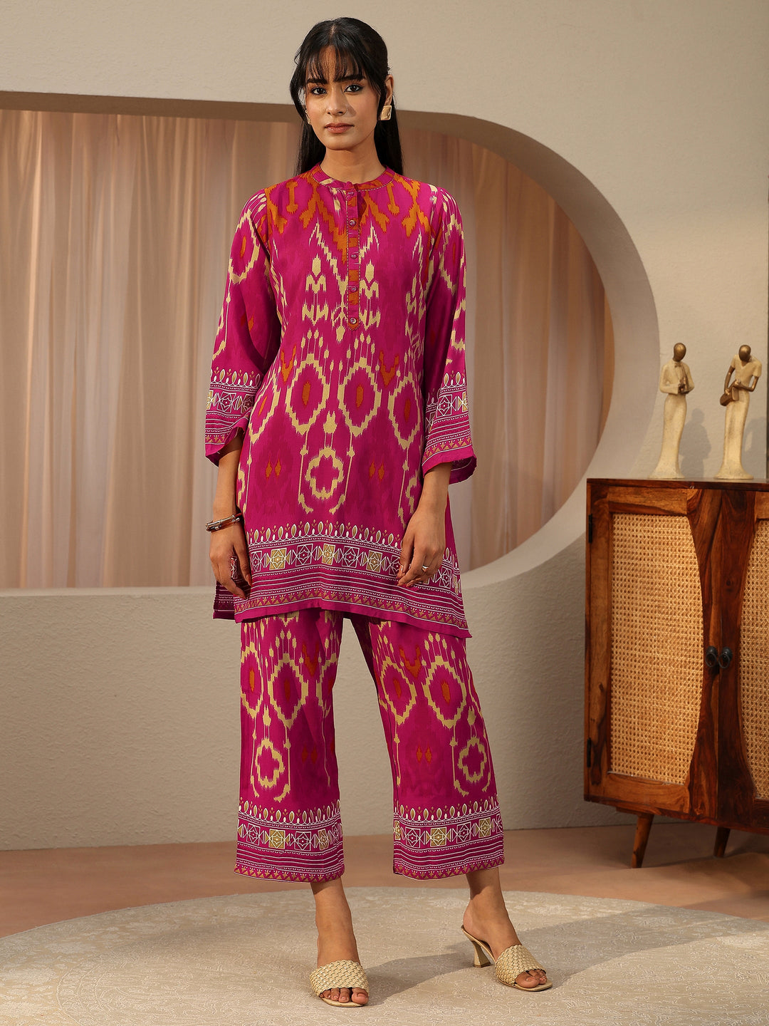  Pink Ikat Printed Rayon Co-Ord Set 