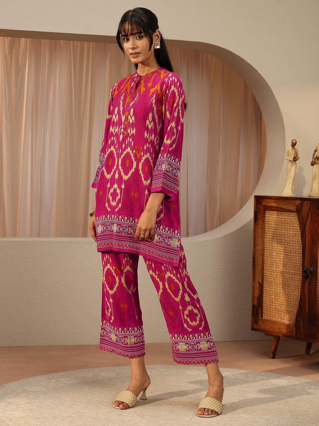  Pink Ikat Printed Rayon Co-Ord Set 