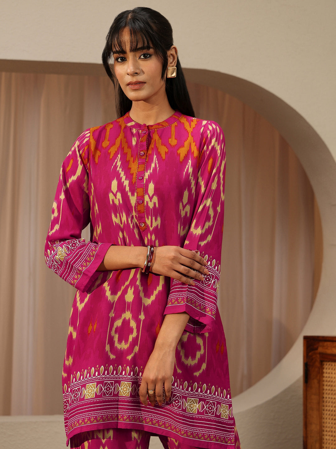  Pink Ikat Printed Rayon Co-Ord Set 