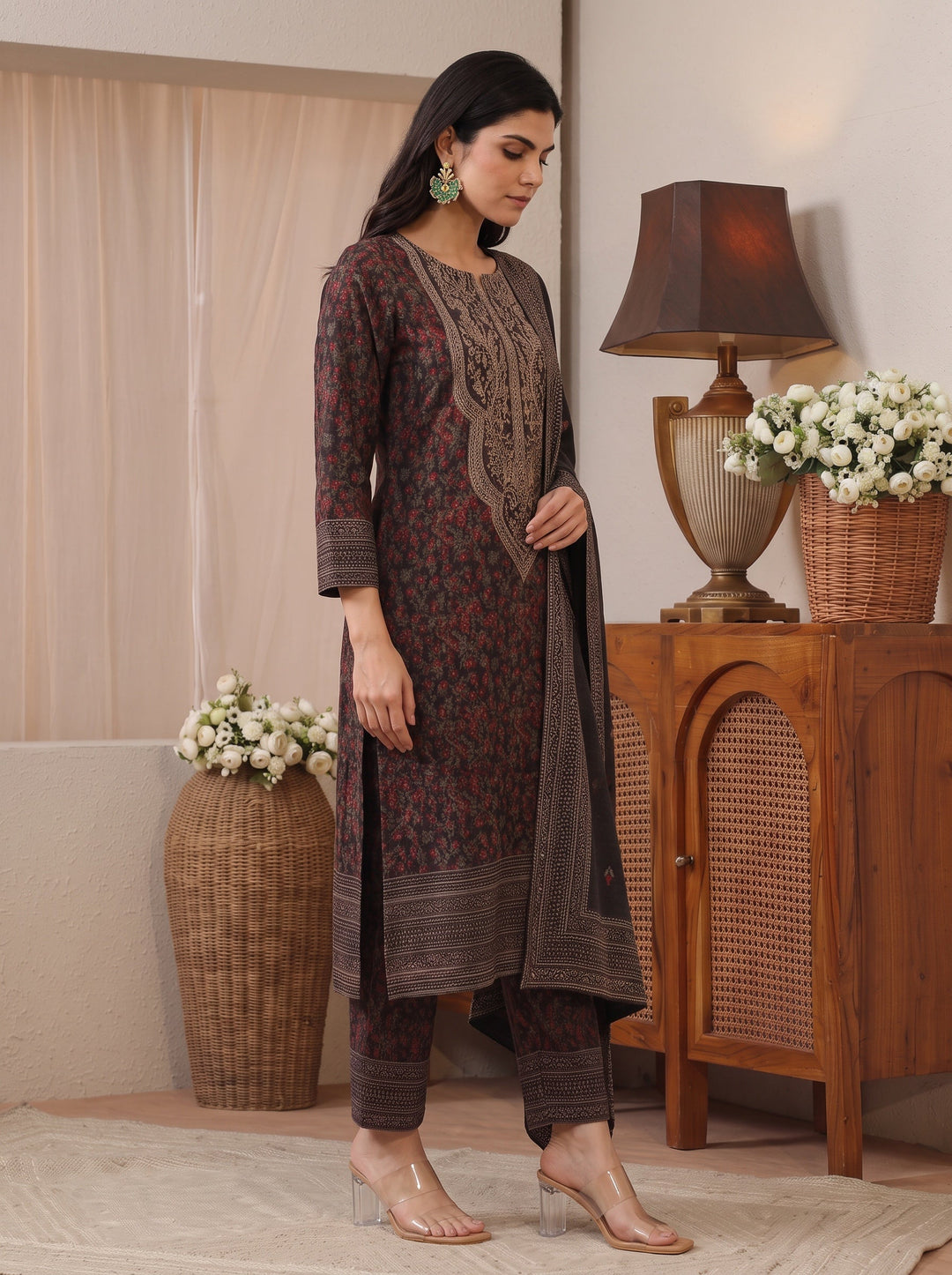  Libas Black Floral Woven Design Wool Straight Suit Set 