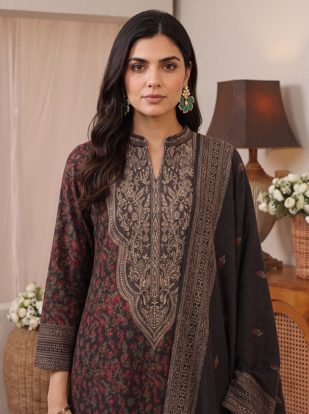  Libas Black Floral Woven Design Wool Straight Suit Set 