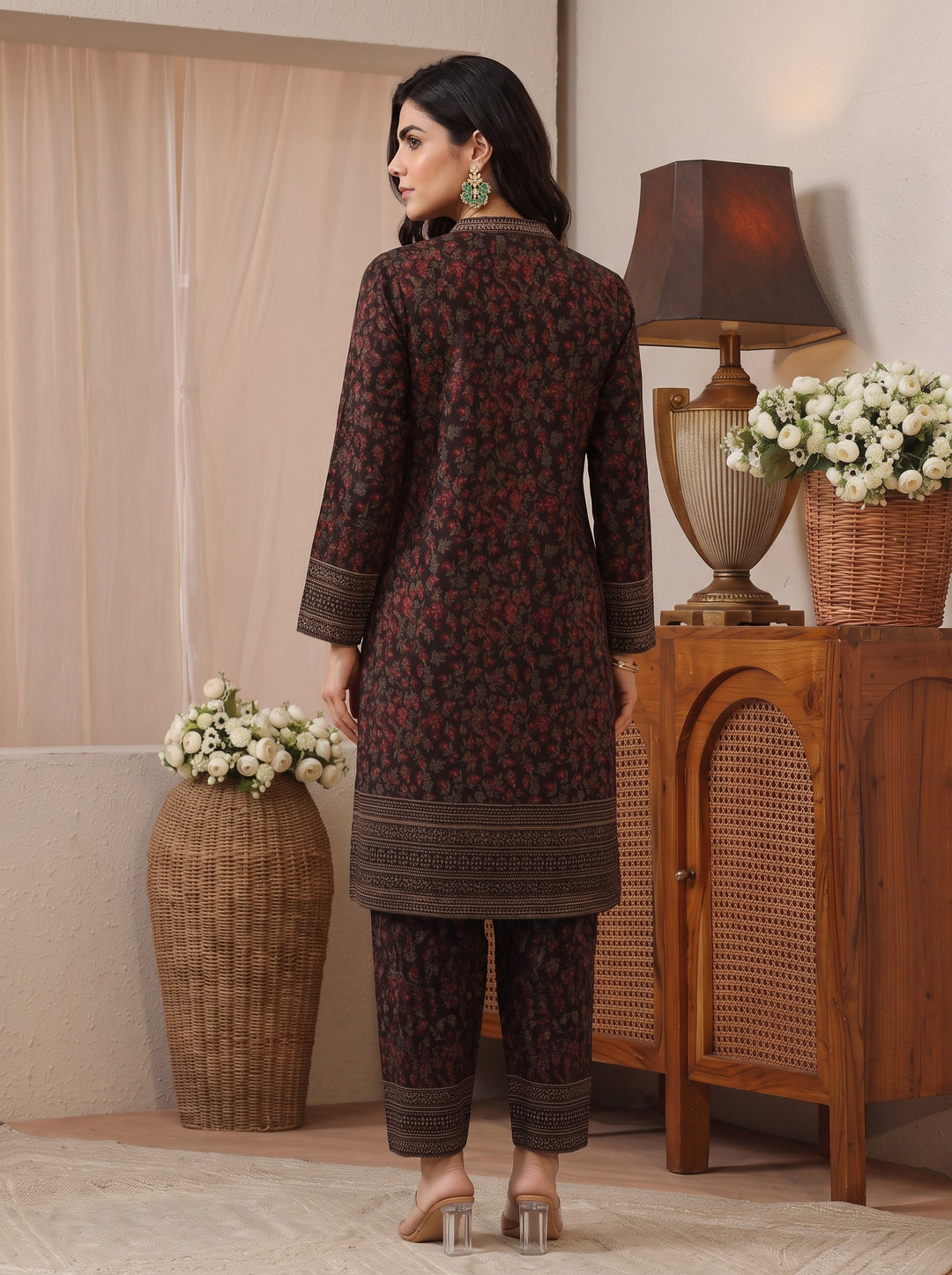  Libas Black Floral Woven Design Wool Straight Suit Set 