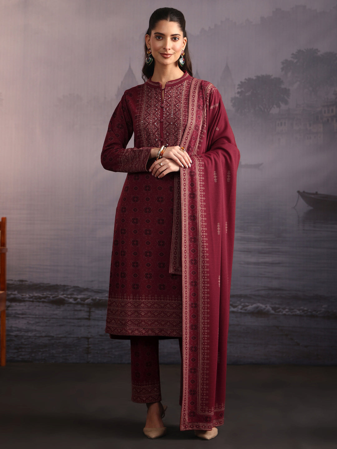  Libas Maroon Ethnic Woven Design Woolen Straight Suit Set 