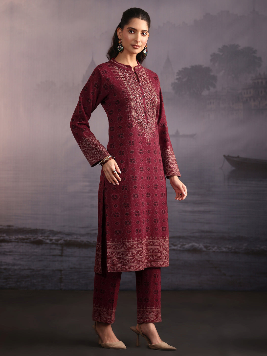  Libas Maroon Ethnic Woven Design Woolen Straight Suit Set 
