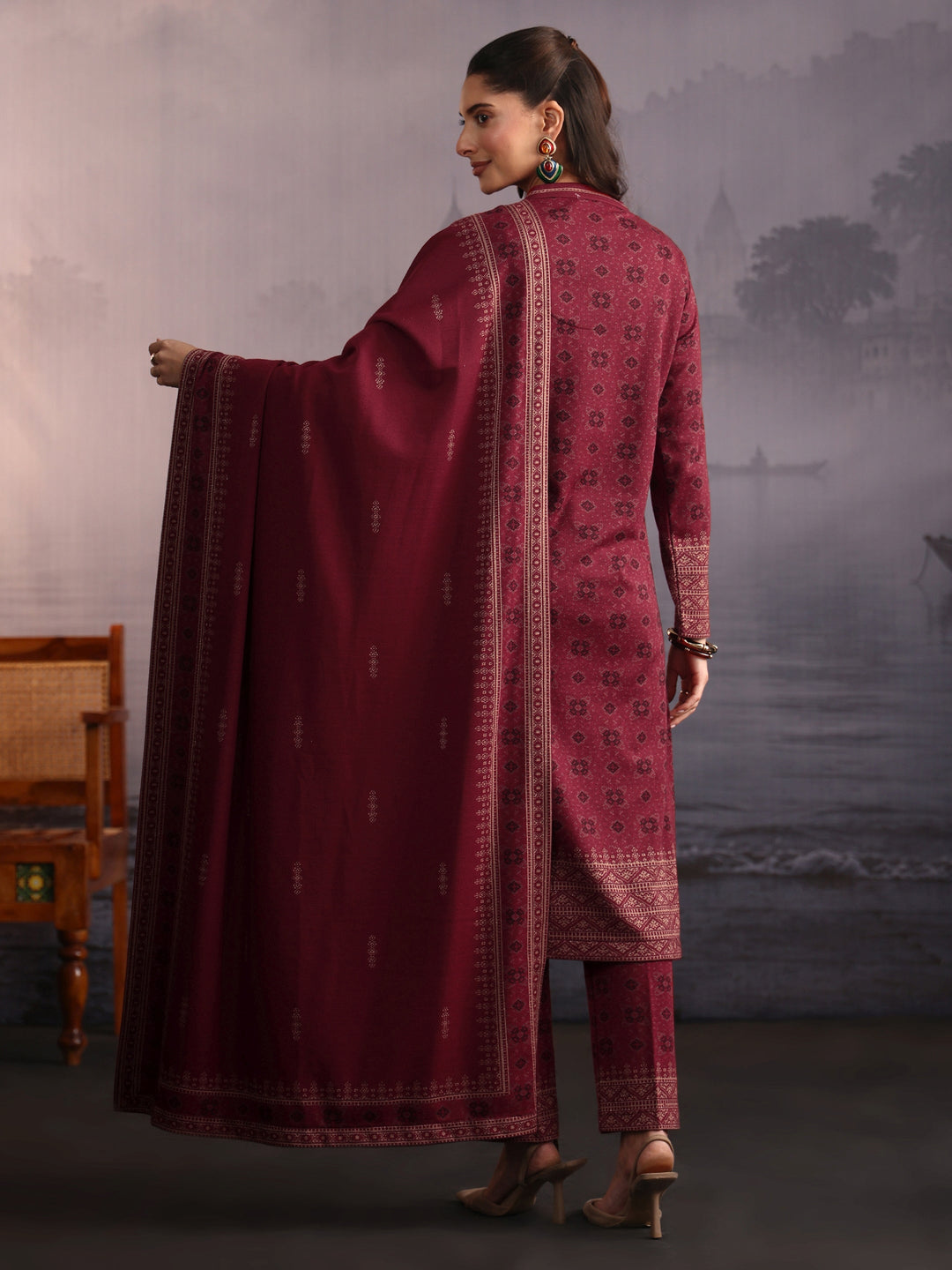  Libas Maroon Ethnic Woven Design Woolen Straight Suit Set 