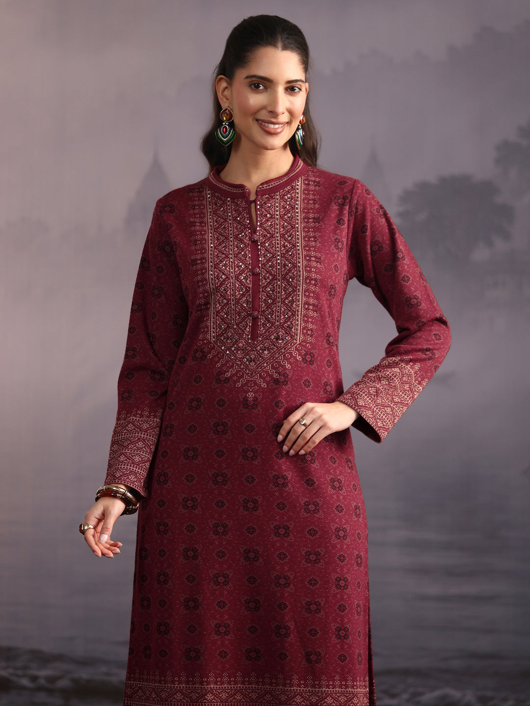  Libas Maroon Ethnic Woven Design Woolen Straight Suit Set 