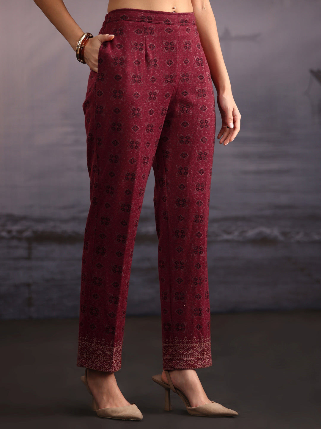  Libas Maroon Ethnic Woven Design Woolen Straight Suit Set 